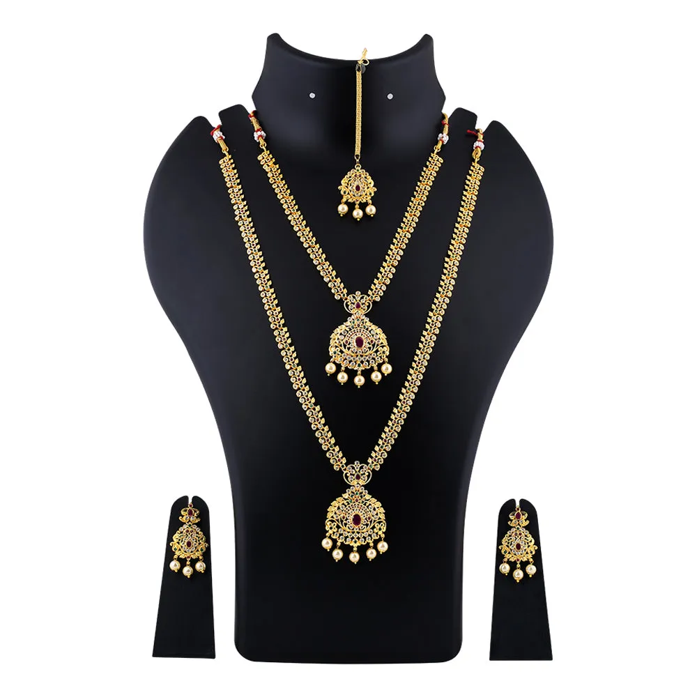 Estele Gold Plated CZ Enchanting Bridal Necklace Set with Pearl & Multi Color Stones for Women