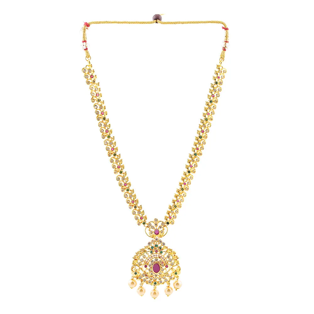 Estele Gold Plated CZ Enchanting Bridal Necklace Set with Pearl & Multi Color Stones for Women