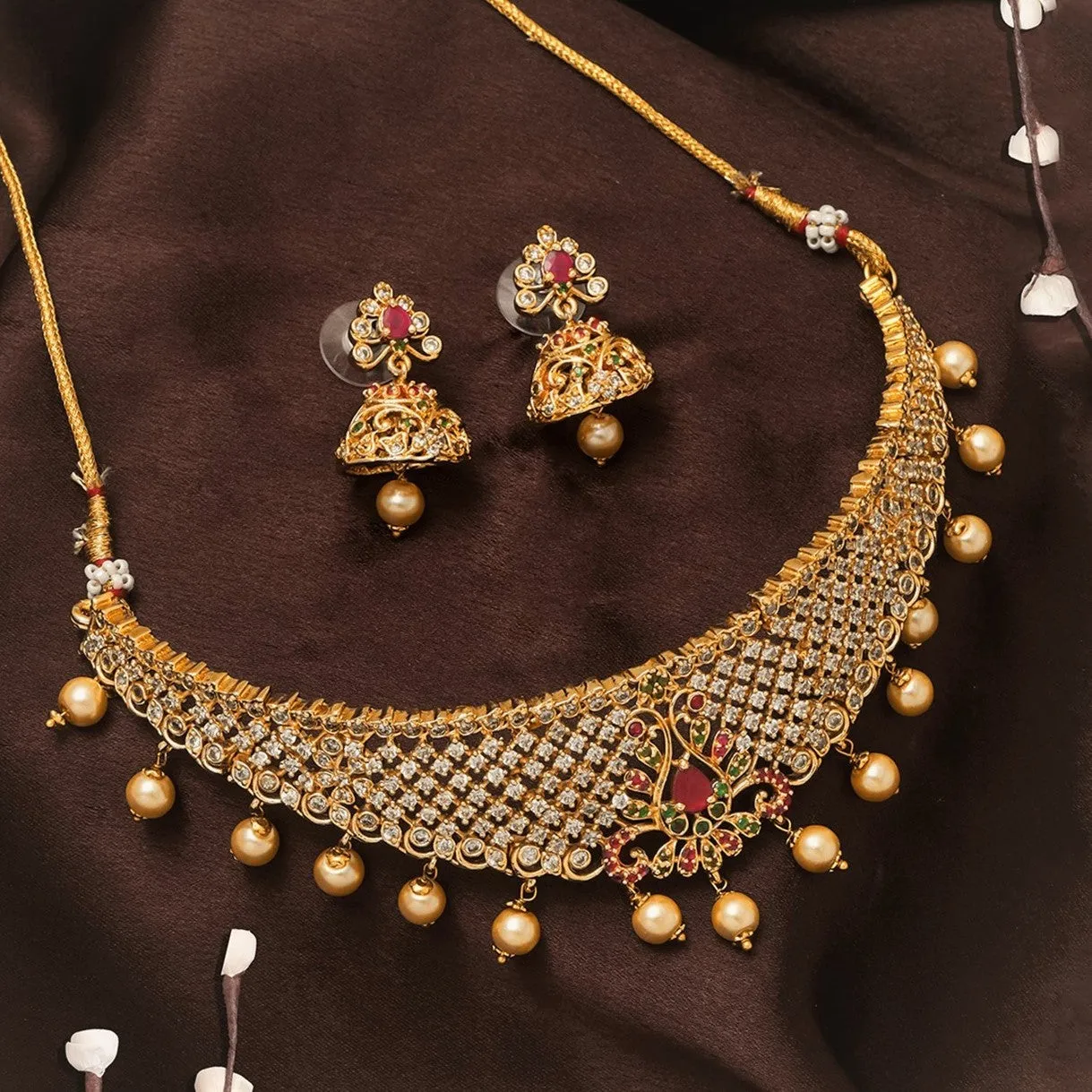 Estele Gold Plated CZ Fascinating Bridal Necklace Set with Colored Stones & Pearls