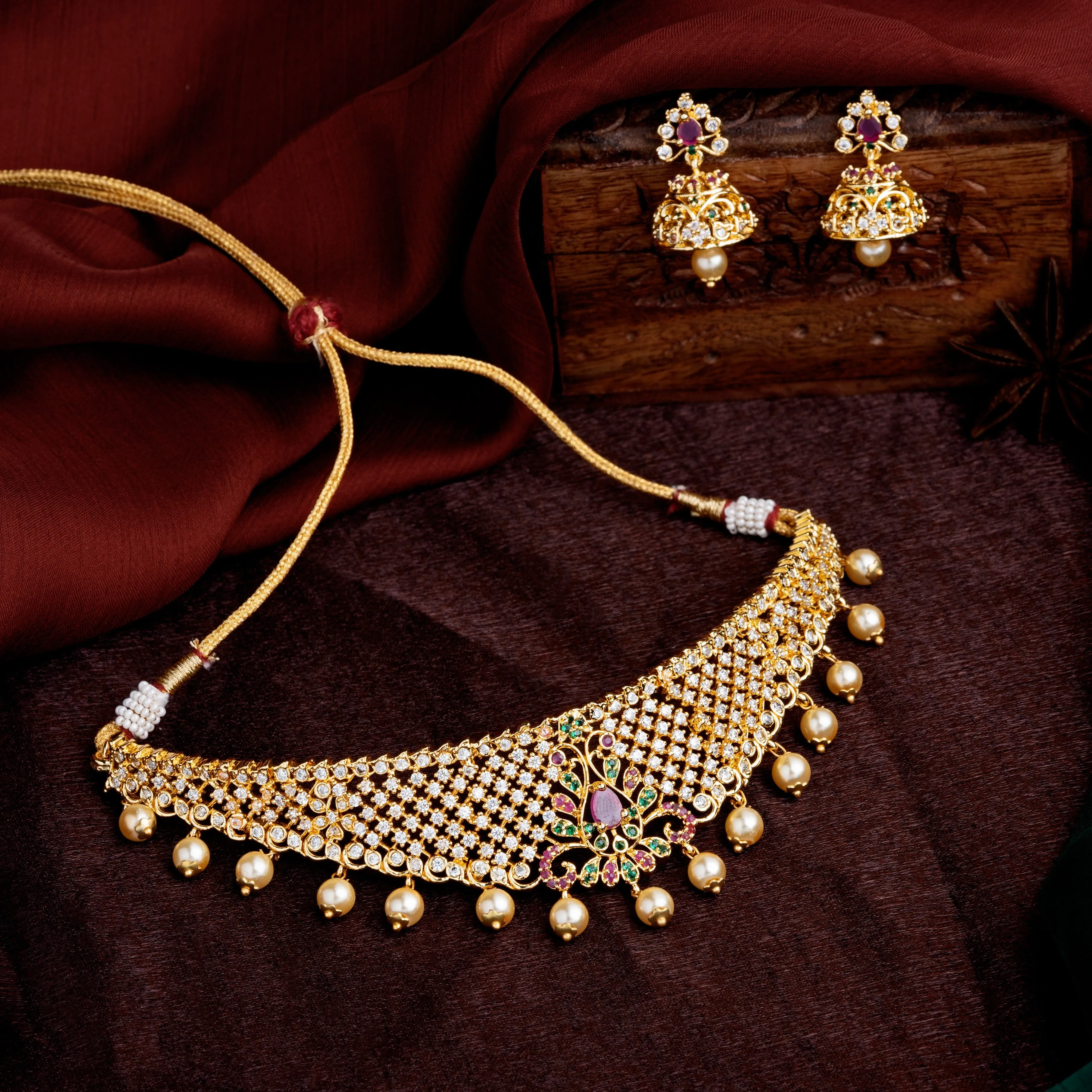 Estele Gold Plated CZ Fascinating Bridal Necklace Set with Colored Stones & Pearls