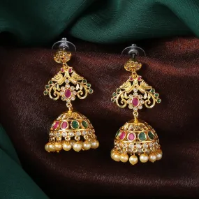 Estele Gold Plated CZ Fascinating Flower Designer Jhumka Earrings with Pearls for Women