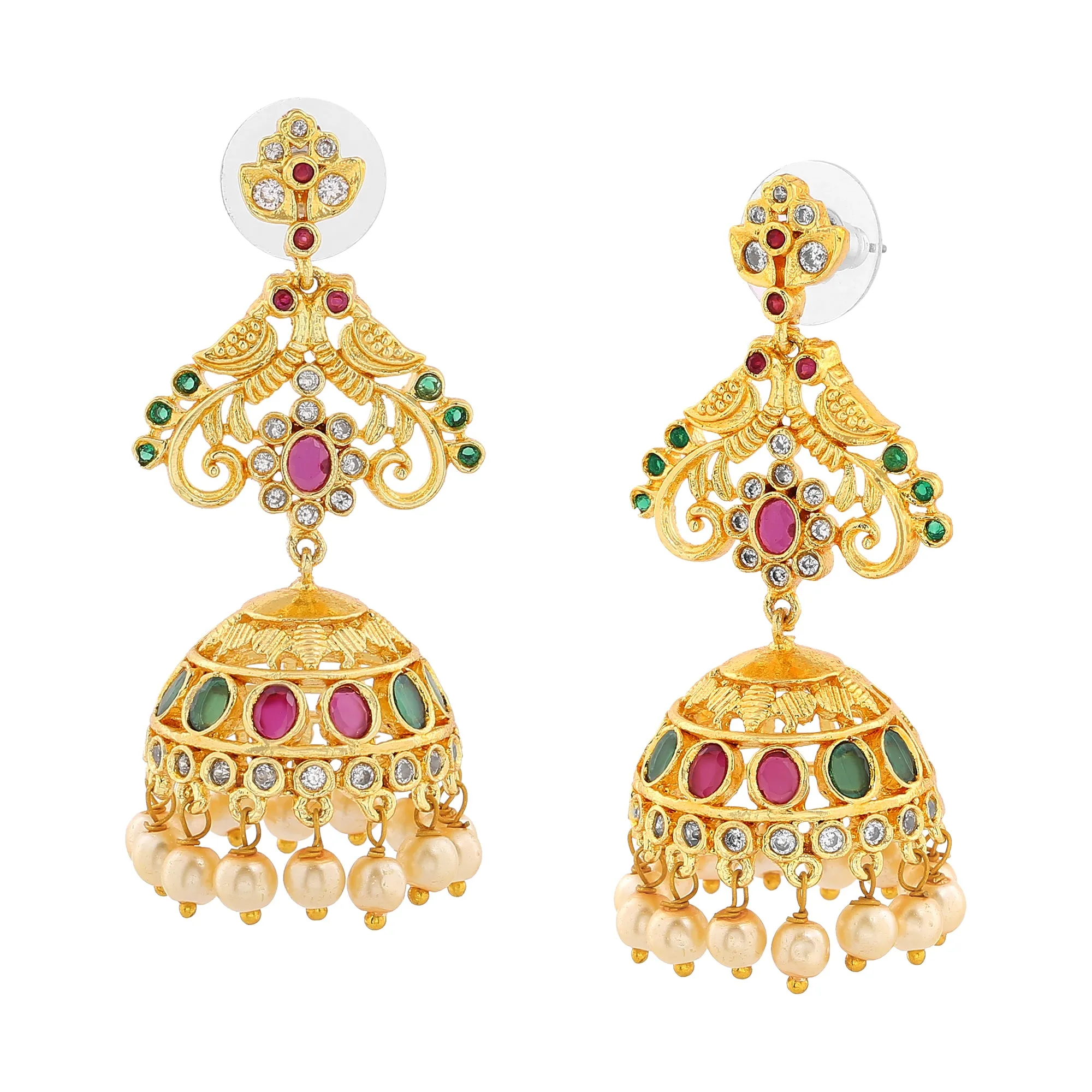 Estele Gold Plated CZ Fascinating Flower Designer Jhumka Earrings with Pearls for Women