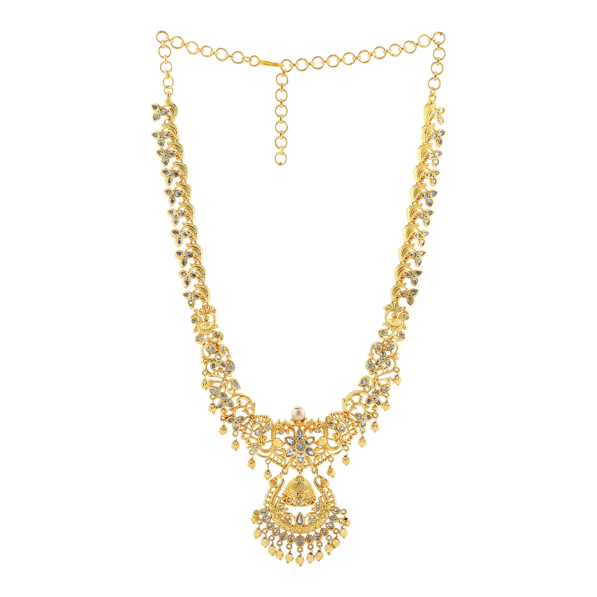 Estele Gold Plated CZ Floral Designer Bridal Necklace Set with Pearls for Women