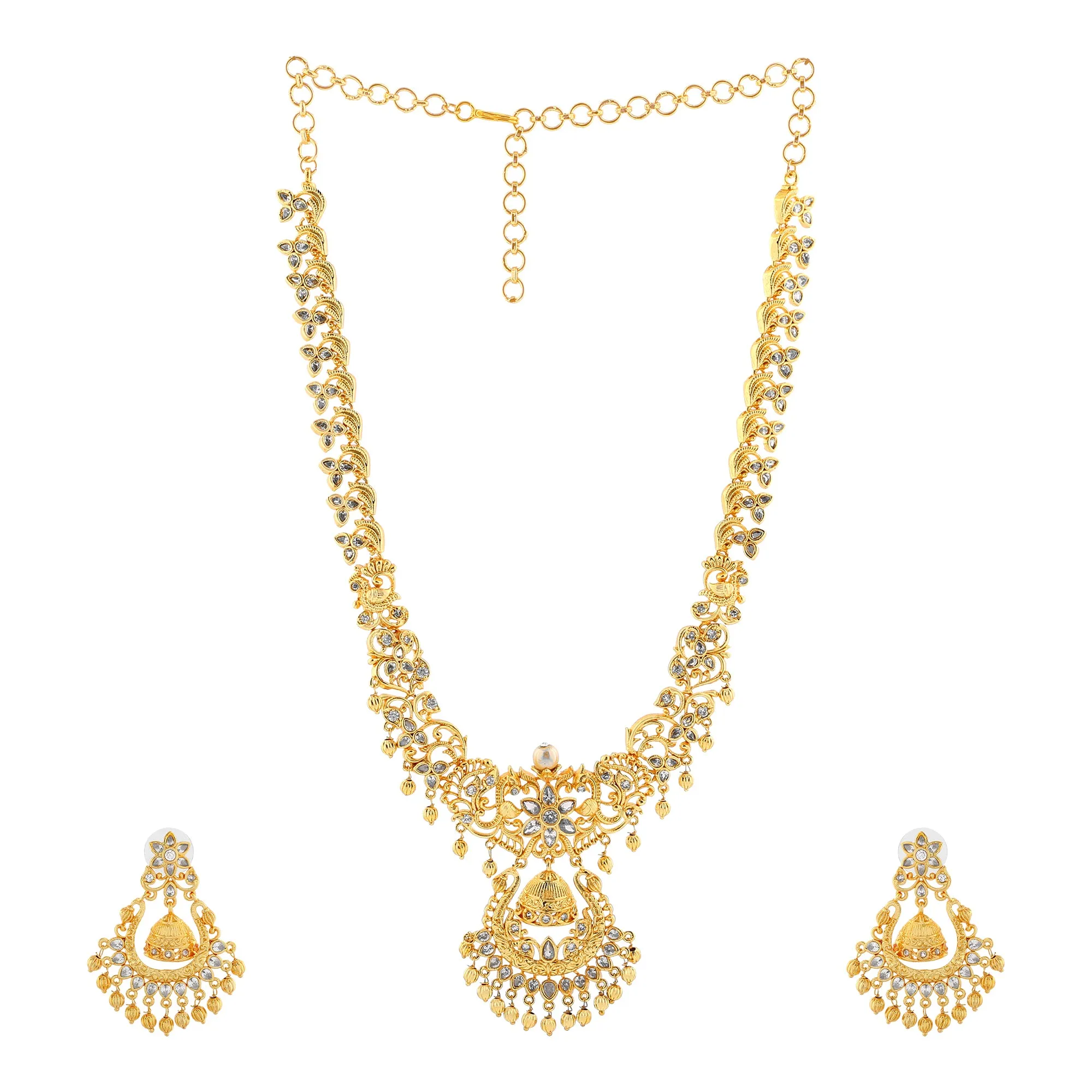 Estele Gold Plated CZ Floral Designer Bridal Necklace Set with Pearls for Women