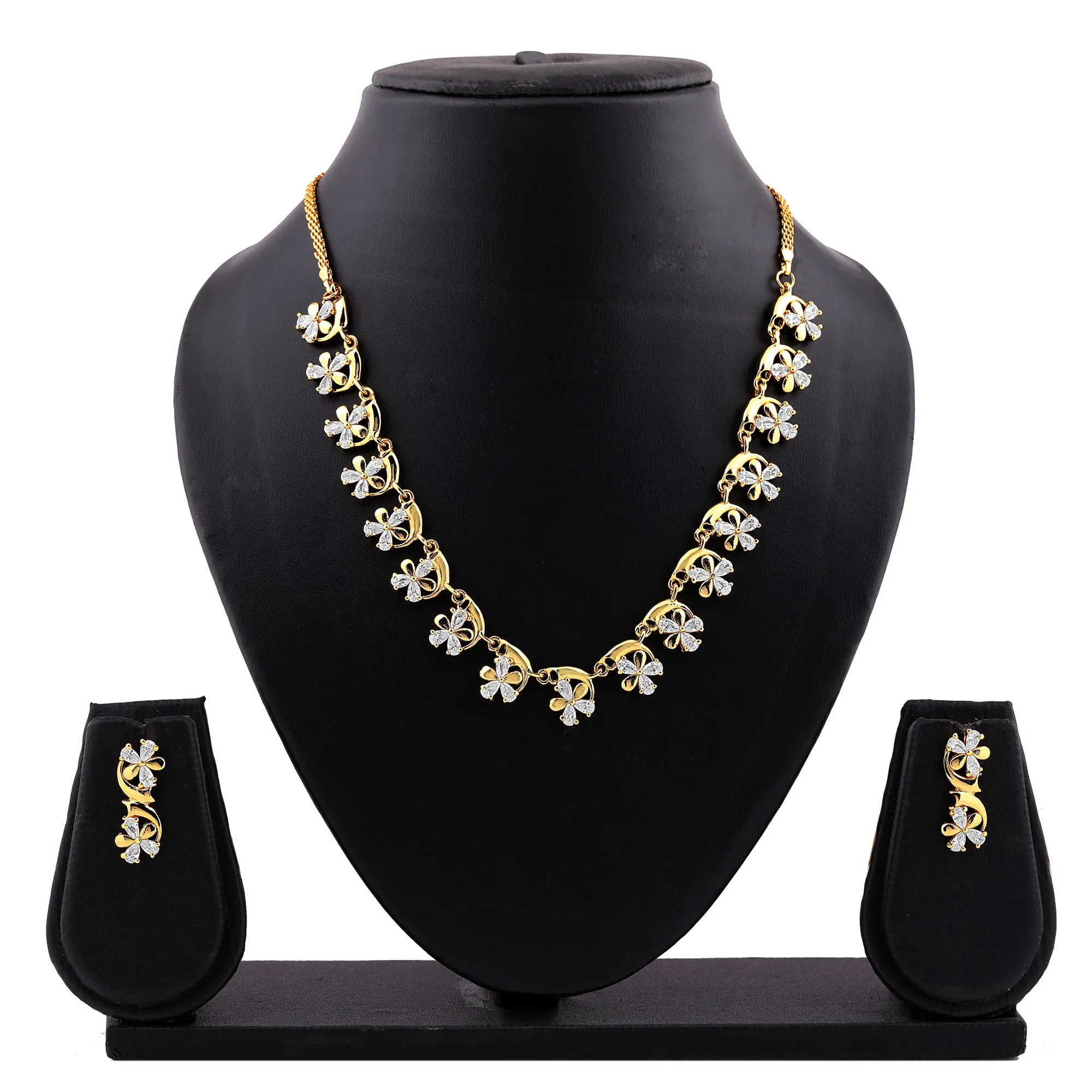 Estele Gold Plated CZ Flower Shaped Necklace Set for Women