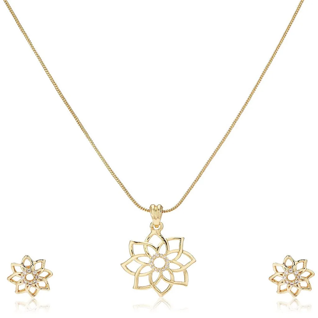 Estele Gold Plated CZ Flower Shaped Pendant Set for Women