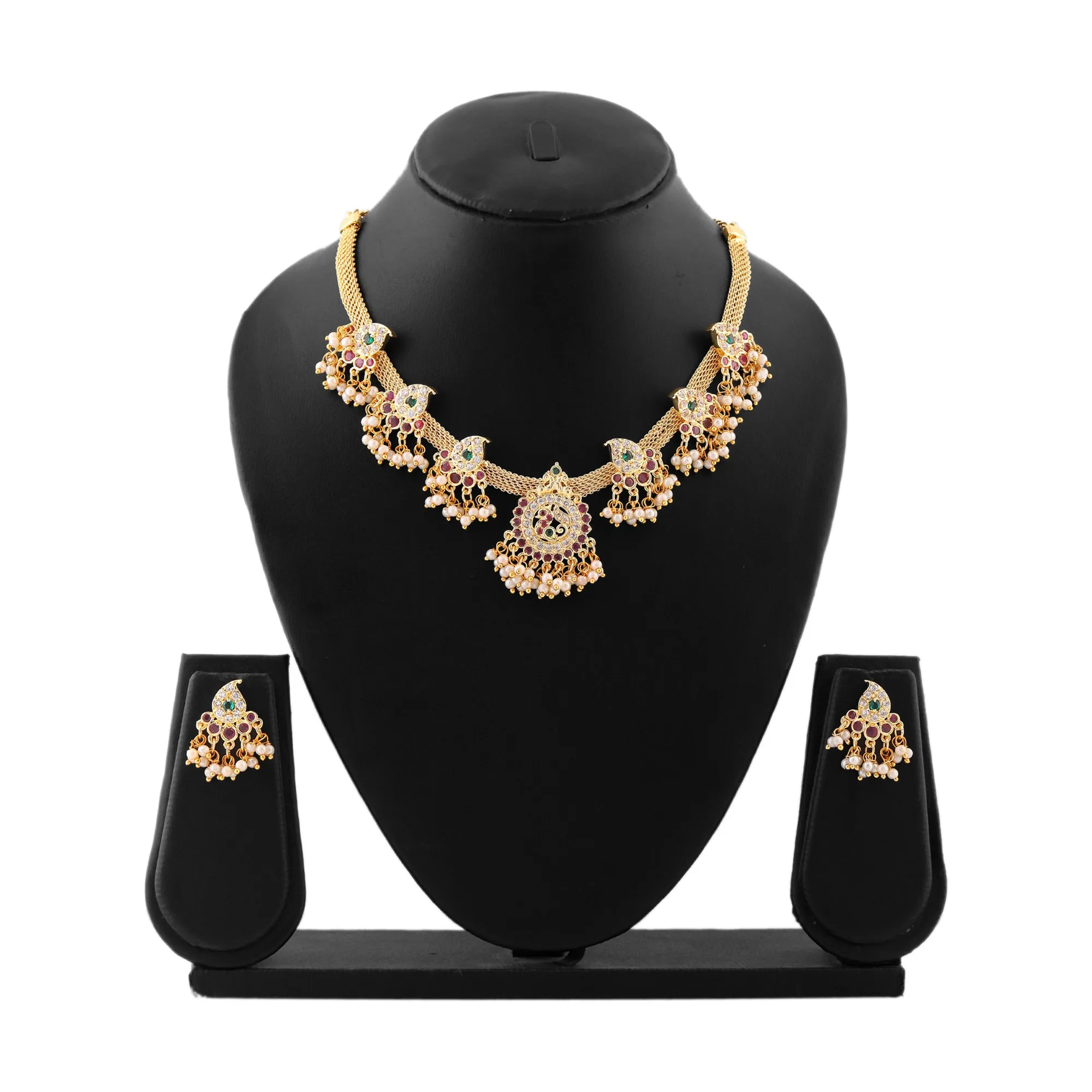 Estele Gold Plated CZ Glorious Designer Necklace Set with Pearls for Women