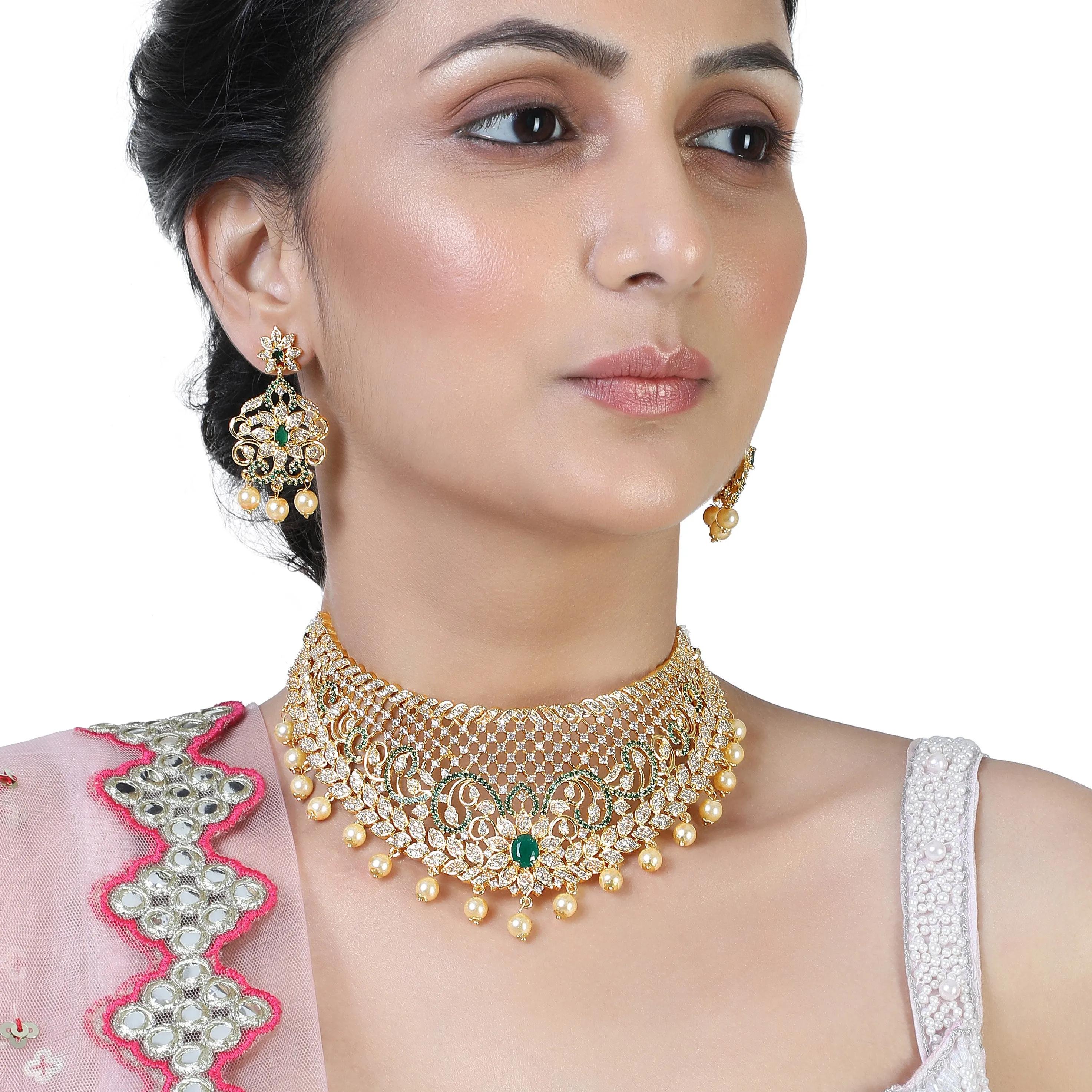 Estele Gold Plated CZ Grand & Gorgeous Bridal Choker Set with Pearls & Green Stones for Women