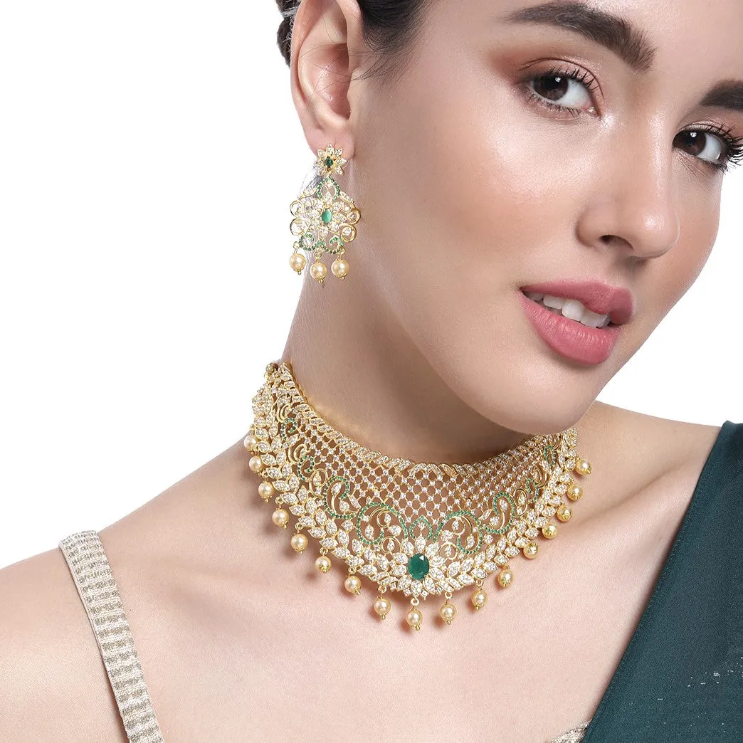 Estele Gold Plated CZ Grand & Gorgeous Bridal Choker Set with Pearls & Green Stones for Women