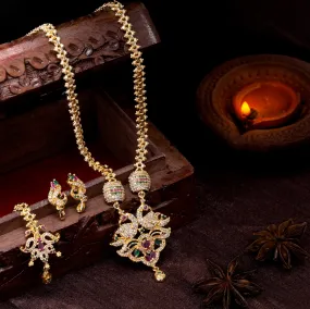 Estele Gold Plated CZ Peacock Inspired Bridal Necklace set with Color Stones for Women