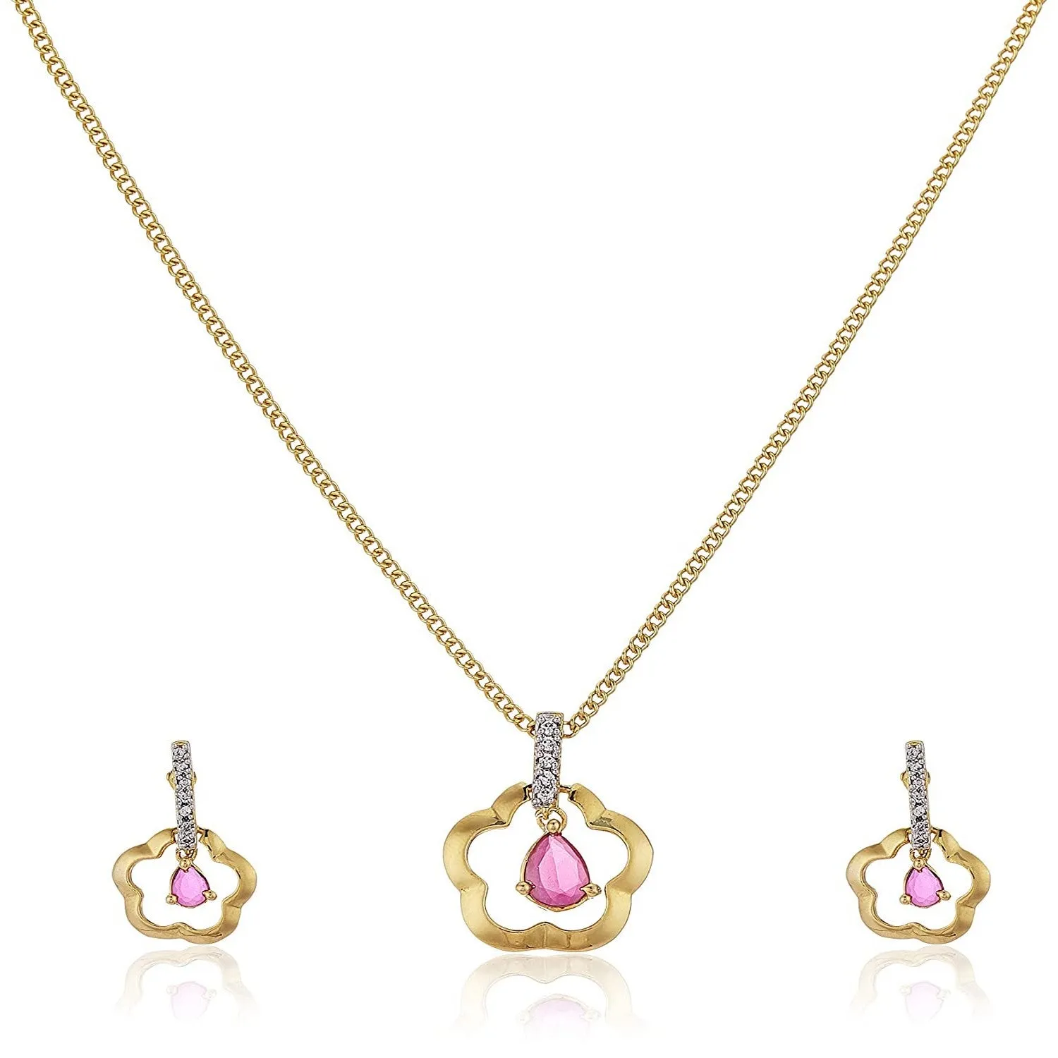 Estele Gold Plated CZ Ruby Flower Pendant Neckles Set for Women / Girls