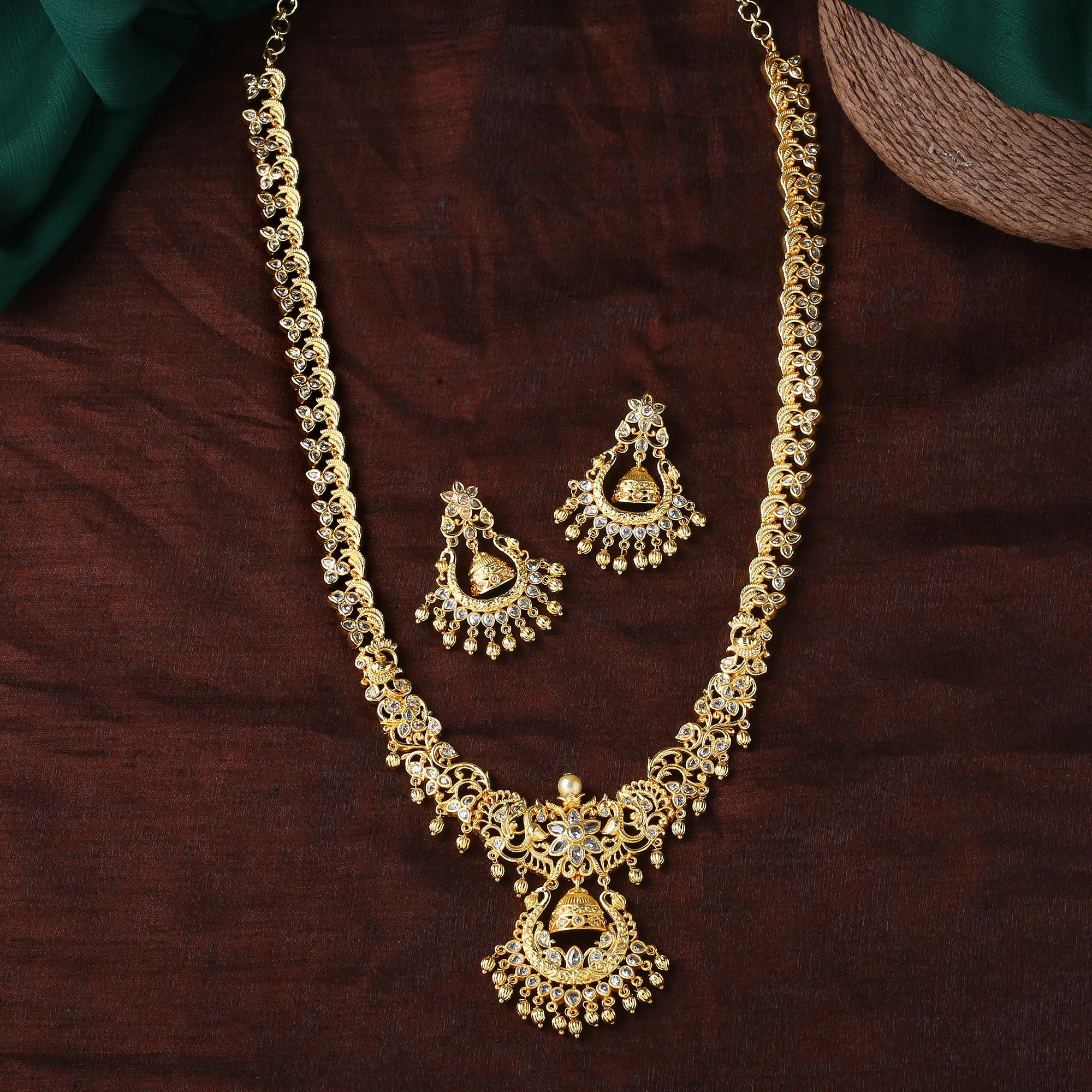 Estele Gold Plated CZ Swarnim Designer Bridal Short & Long Necklace Set with Pearls for Women