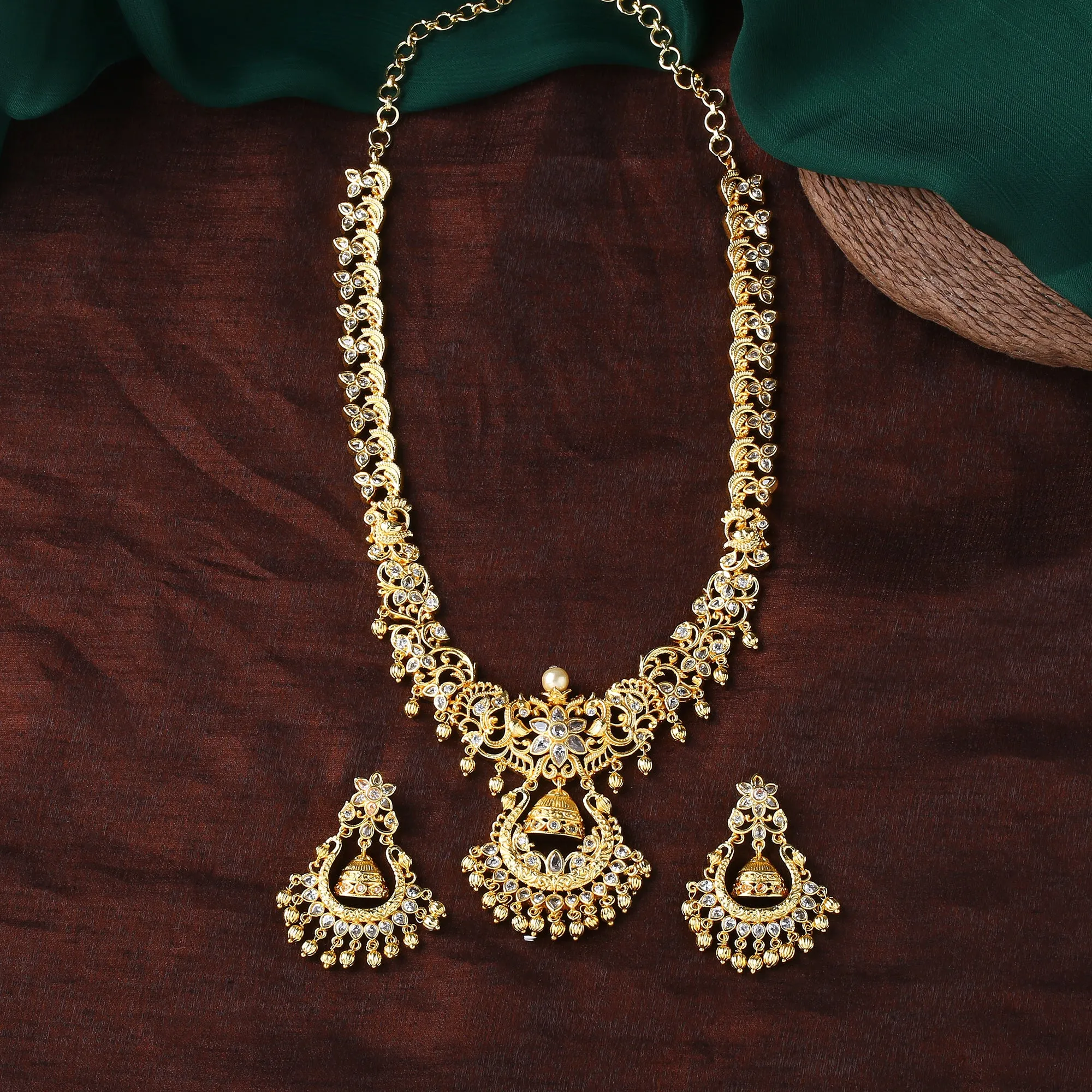 Estele Gold Plated CZ Swarnim Designer Bridal Short & Long Necklace Set with Pearls for Women