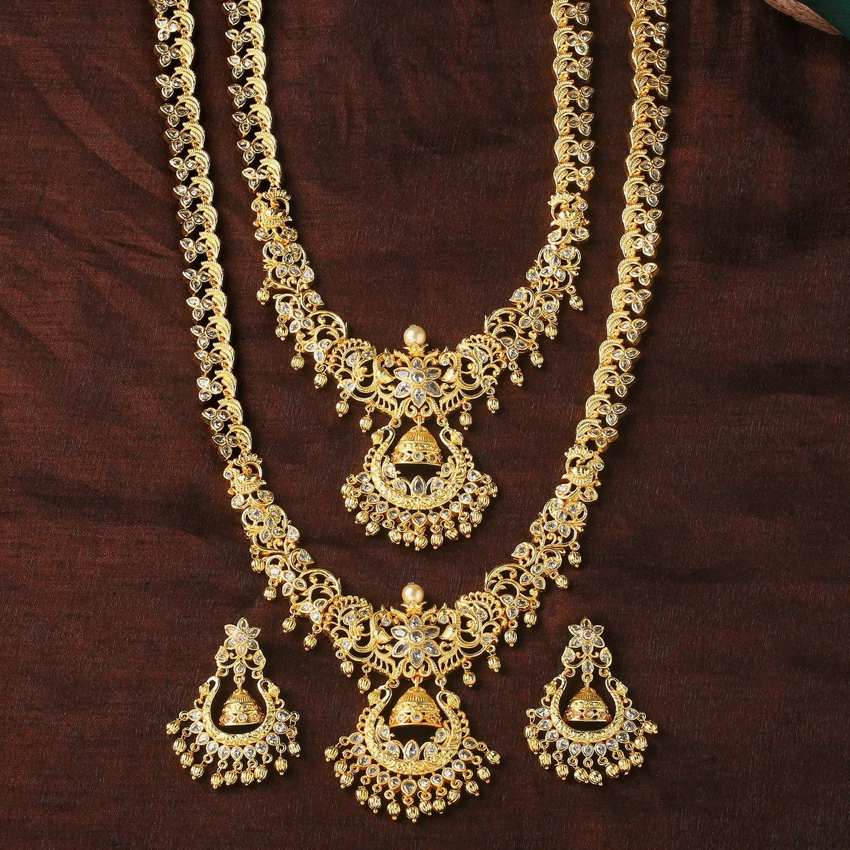 Estele Gold Plated CZ Swarnim Designer Bridal Short & Long Necklace Set with Pearls for Women