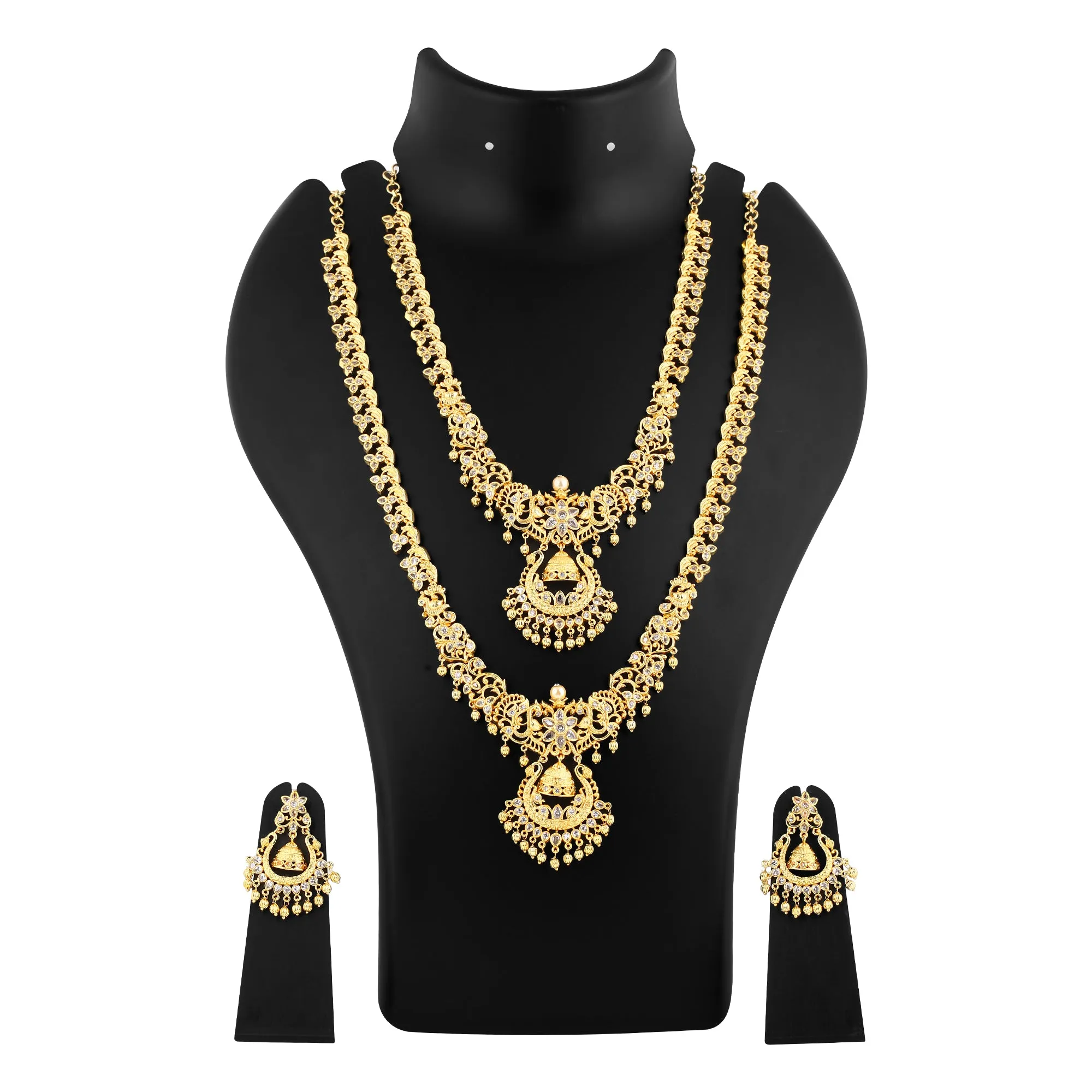 Estele Gold Plated CZ Swarnim Designer Bridal Short & Long Necklace Set with Pearls for Women