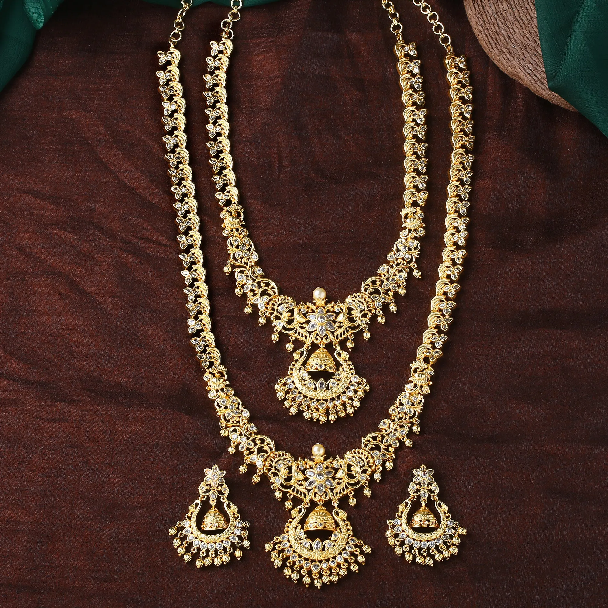 Estele Gold Plated CZ Swarnim Designer Bridal Short & Long Necklace Set with Pearls for Women