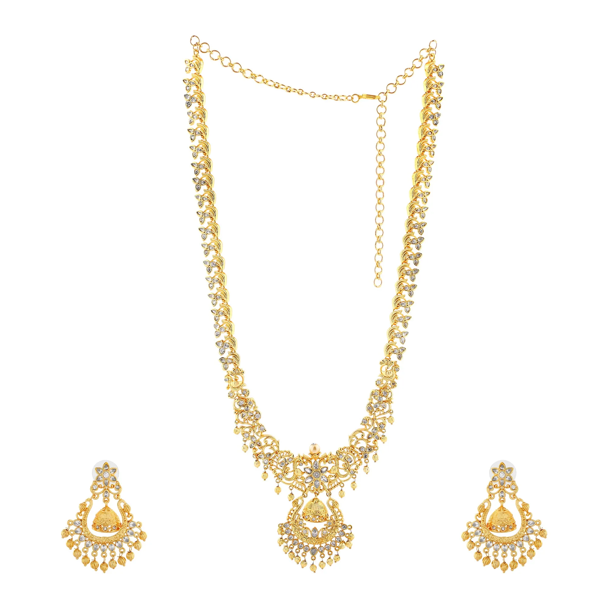 Estele Gold Plated CZ Swarnim Designer Bridal Short & Long Necklace Set with Pearls for Women