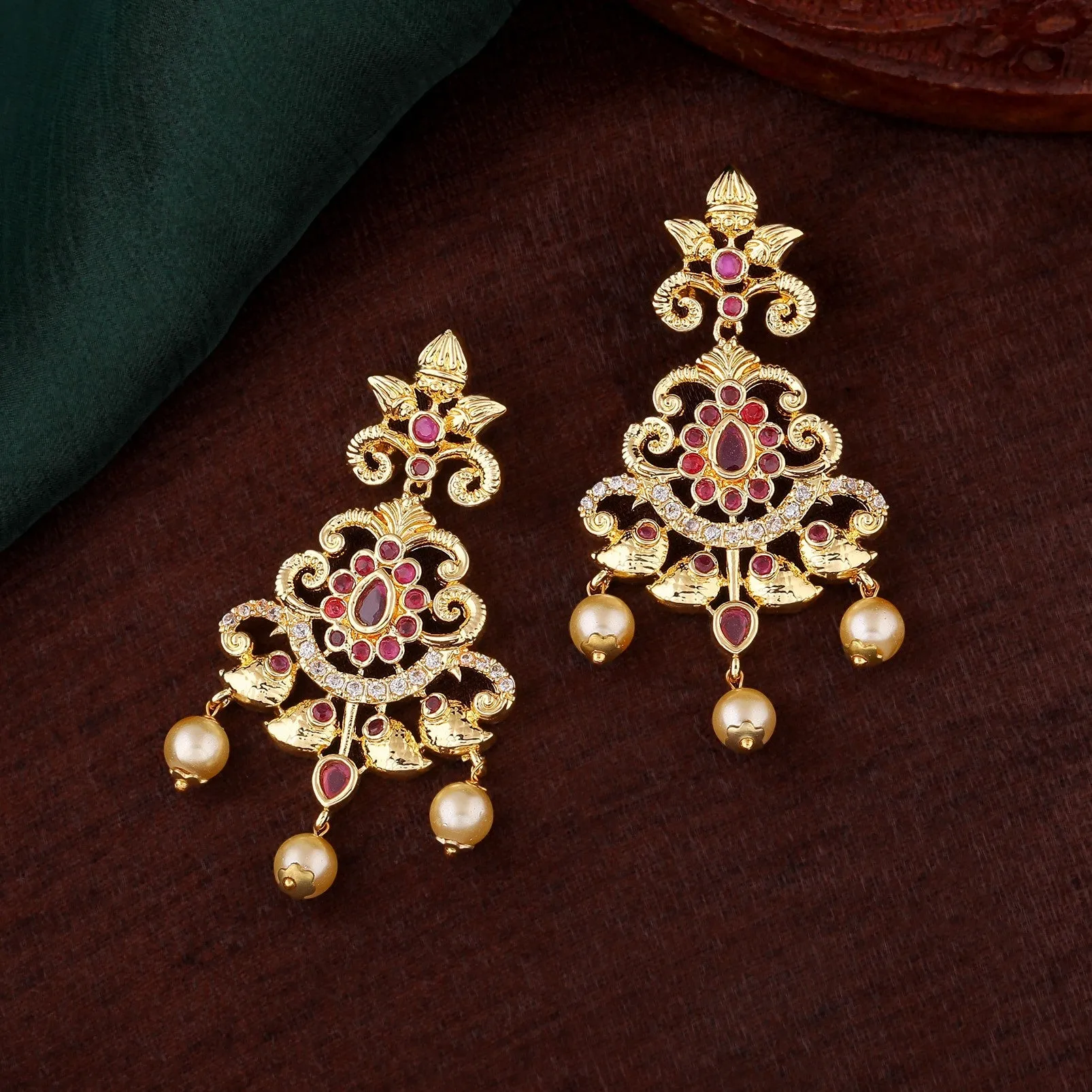 Estele Gold Plated CZ Swirling Symphony Earrings with Pearl & Ruby Crystals for Women