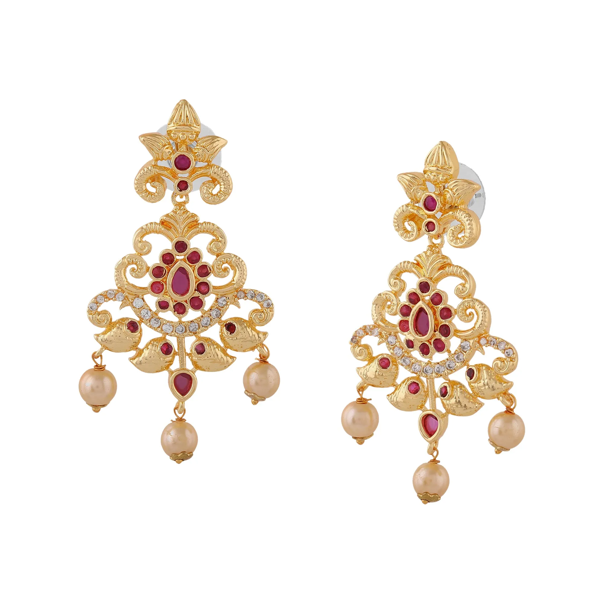 Estele Gold Plated CZ Swirling Symphony Earrings with Pearl & Ruby Crystals for Women