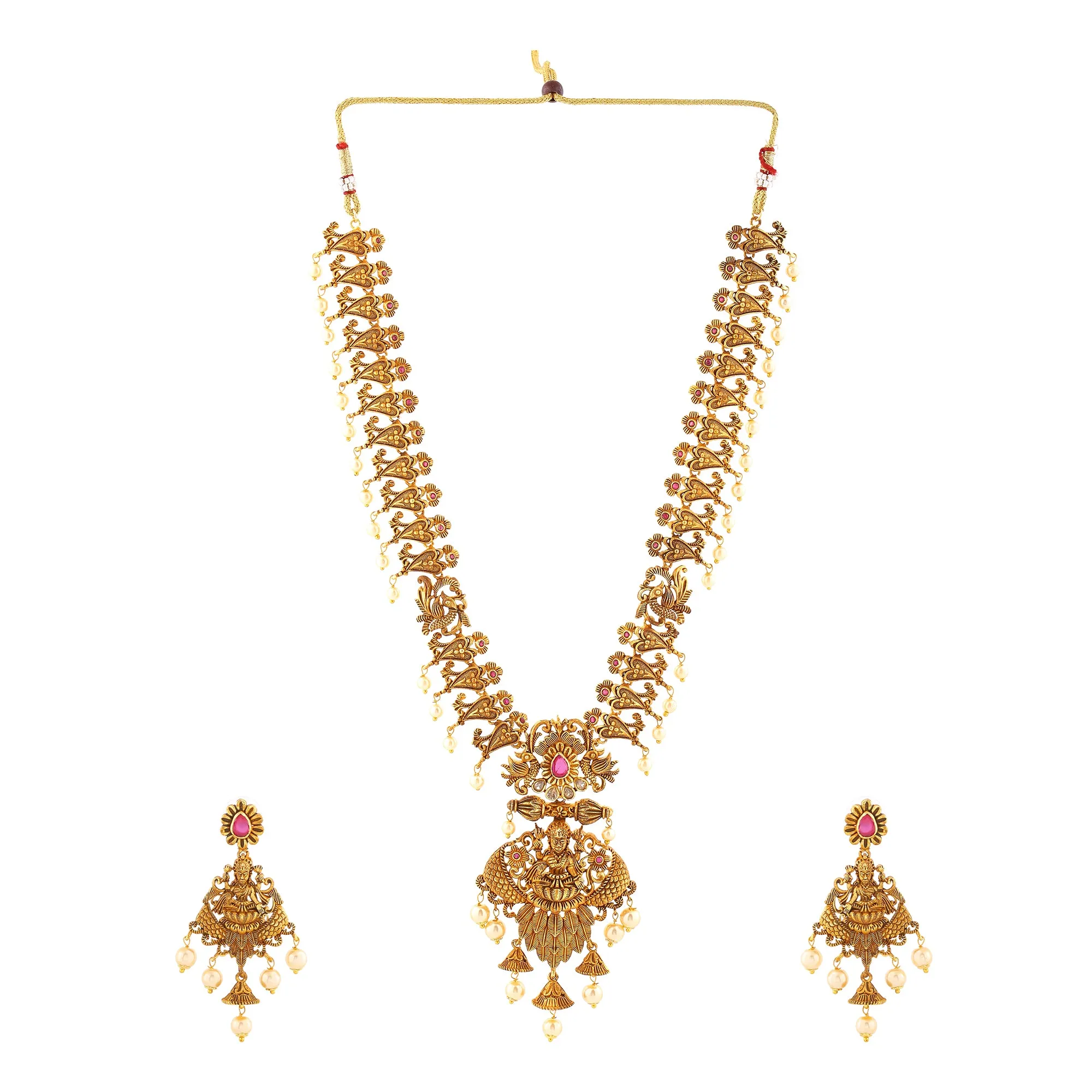 Estele Gold Plated CZ Traditional Laxmi Ji Designer Bridal Necklace Set with Pearls for Women