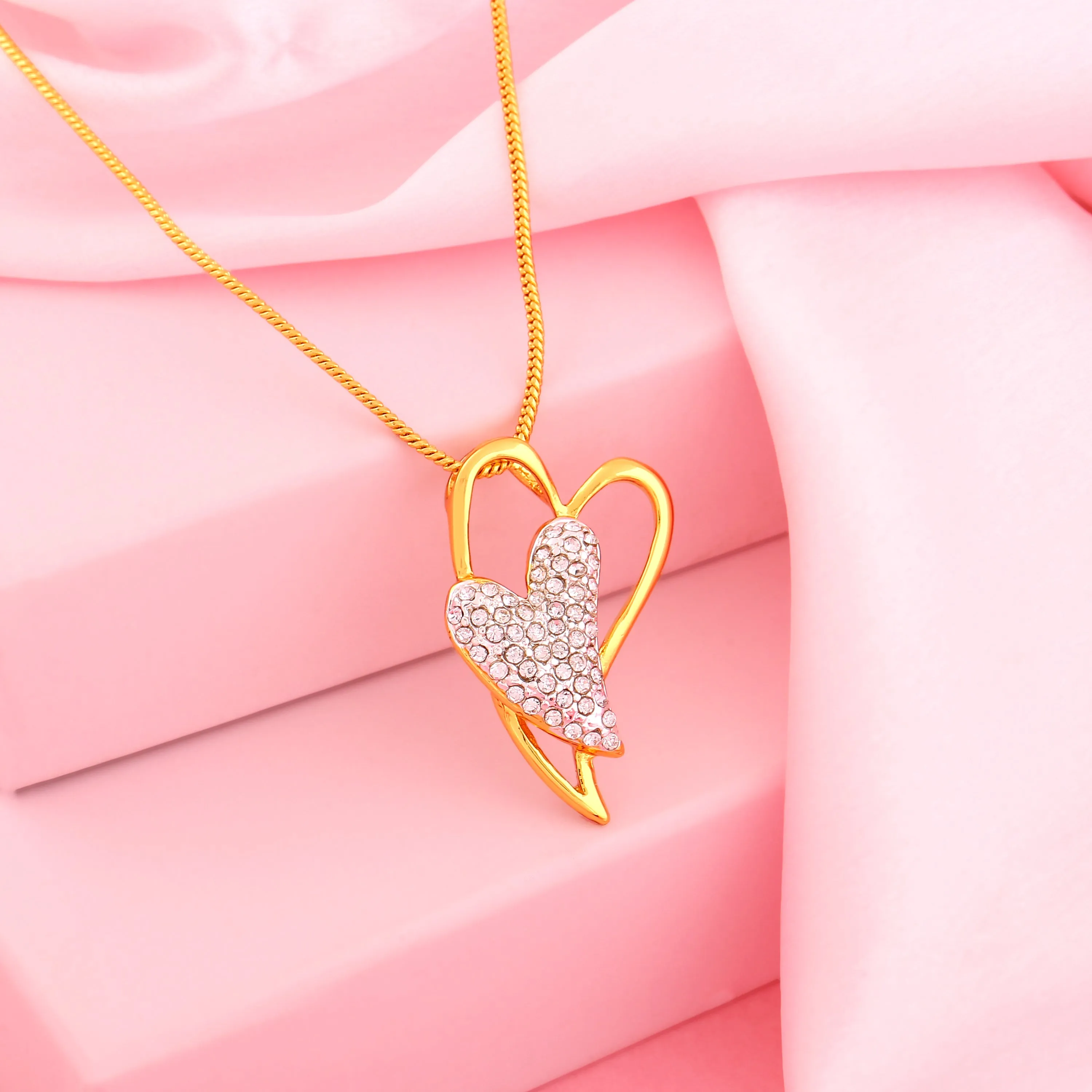 Estele Gold Plated Dual Heart Pendant with Austrian Crystals for Women