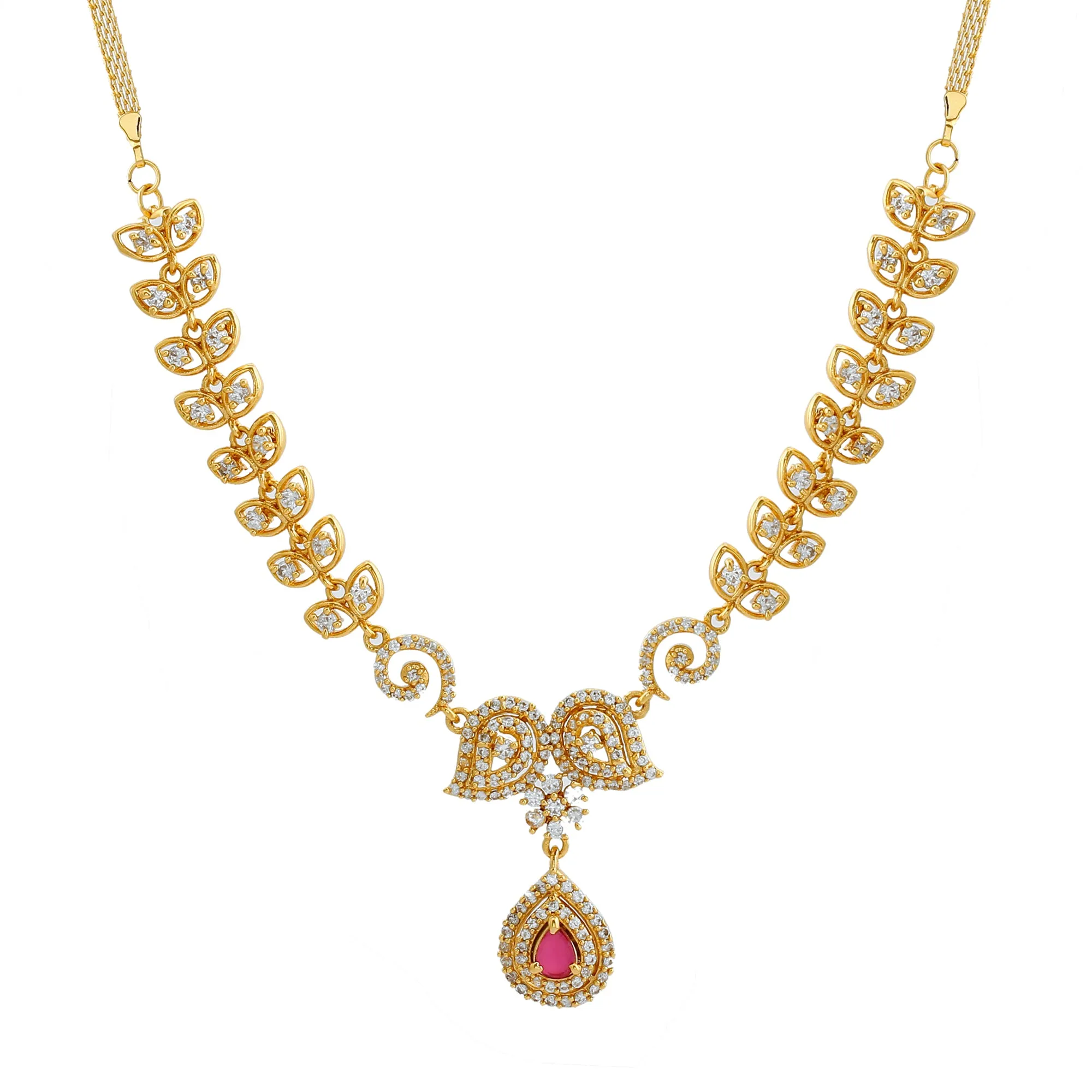 ESTELE - Gold plated Paisley crush Necklace with American diamond and cz ruby