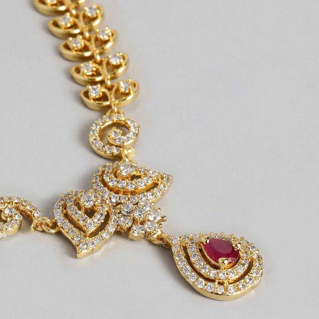 ESTELE - Gold plated Paisley crush Necklace with American diamond and cz ruby