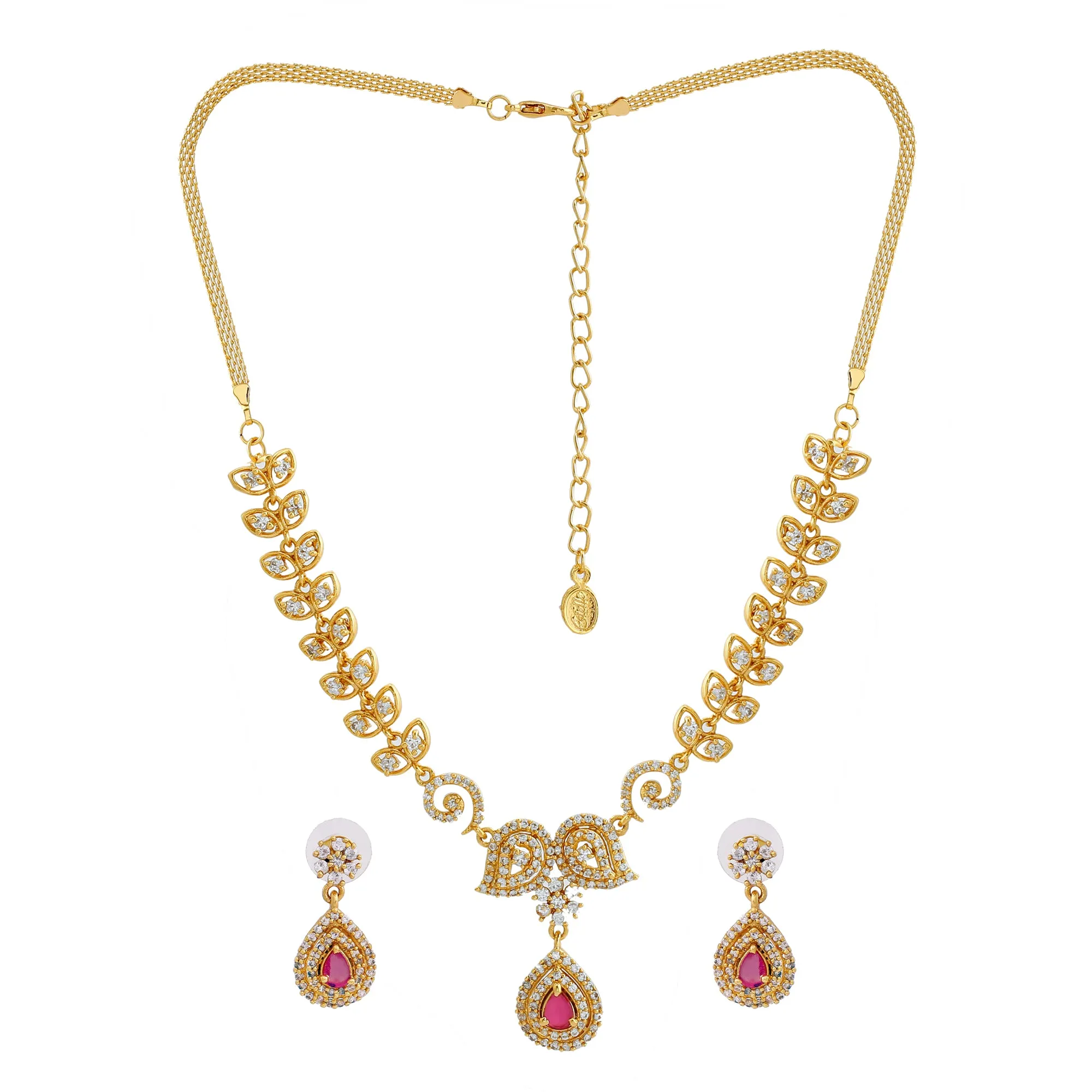 ESTELE - Gold plated Paisley crush Necklace with American diamond and cz ruby