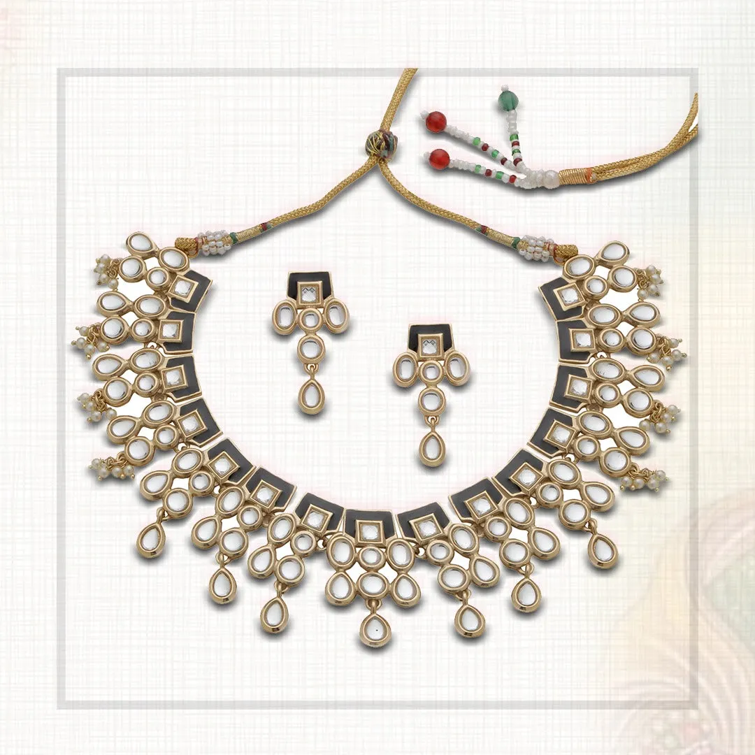 Estele - Traditional Gold Plated Kundan Necklace set with Black enamel