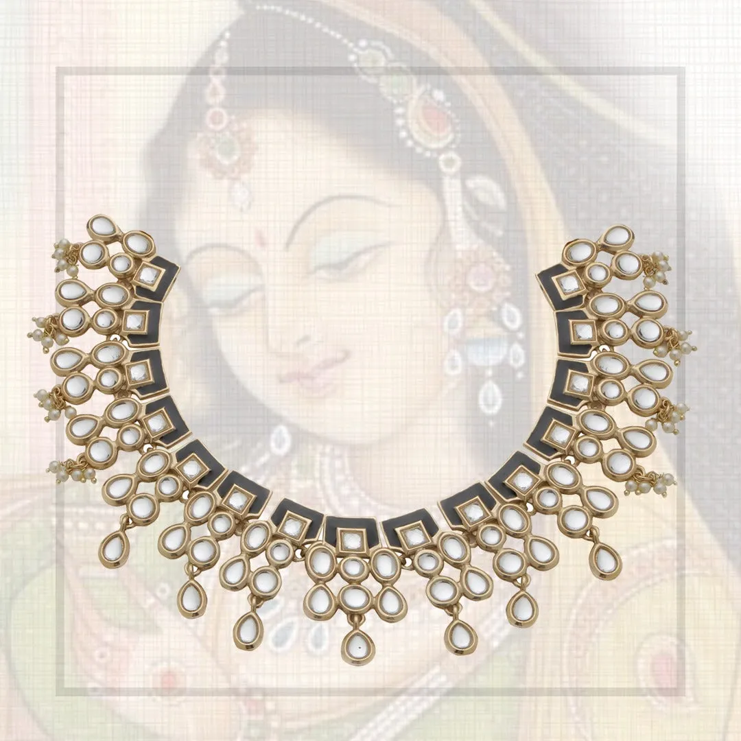 Estele - Traditional Gold Plated Kundan Necklace set with Black enamel