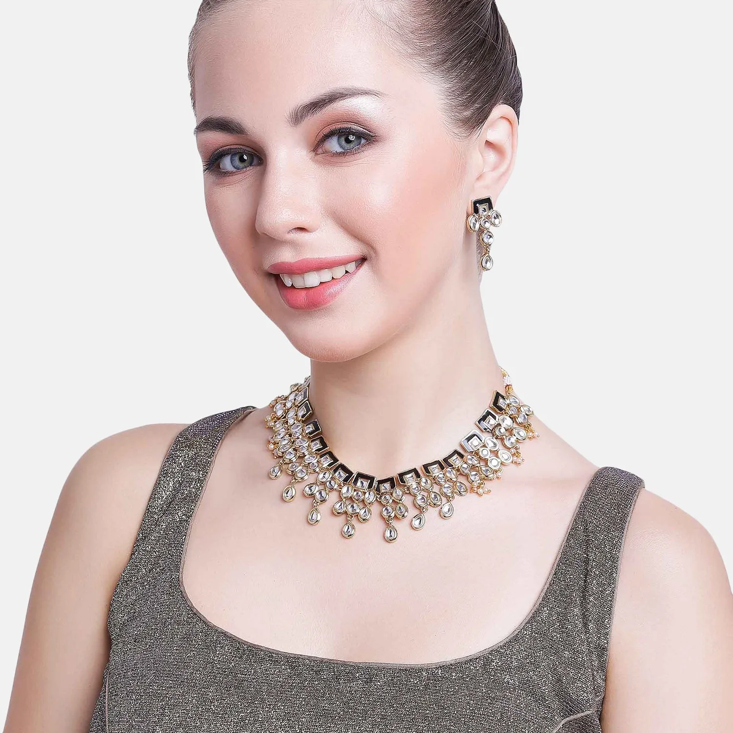 Estele - Traditional Gold Plated Kundan Necklace set with Black enamel