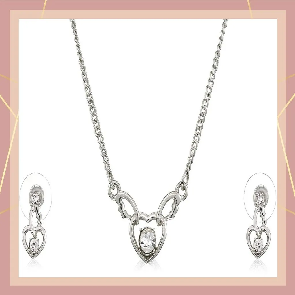 Estele - Valentine Special - Sparkling RHODIUM Plated Wedding Jewellery Austrian Diamond Pendant Set For Women & Girls