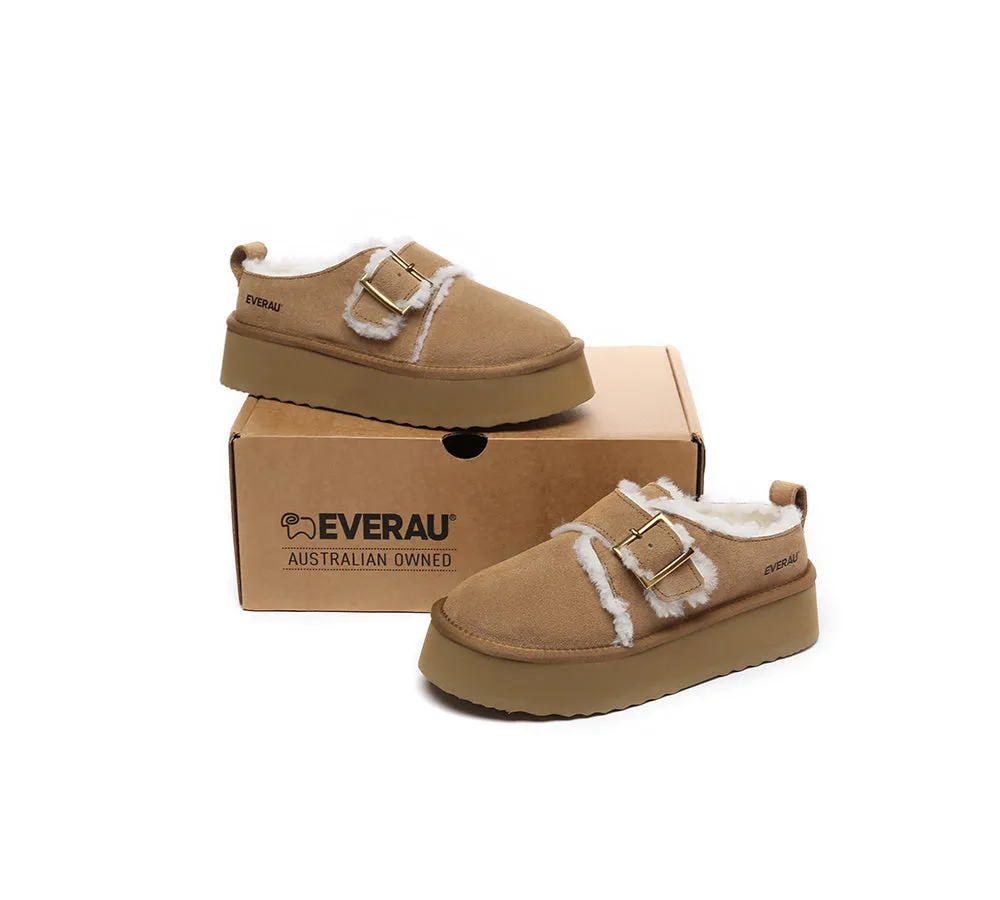 EVERAU® UGG Slippers Sheepskin Wool Adjustable Buckle Ankle Platform Tobias