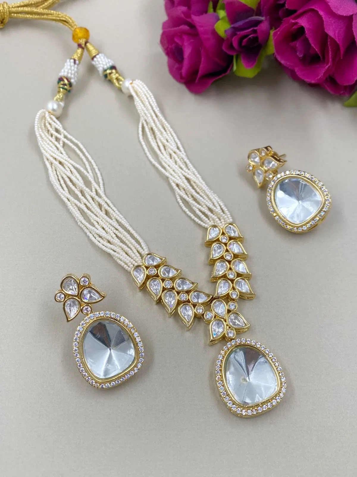 Exclusive Gold Plated Uncut Kundan Polki Pearl Necklace Set By Gehna Shop