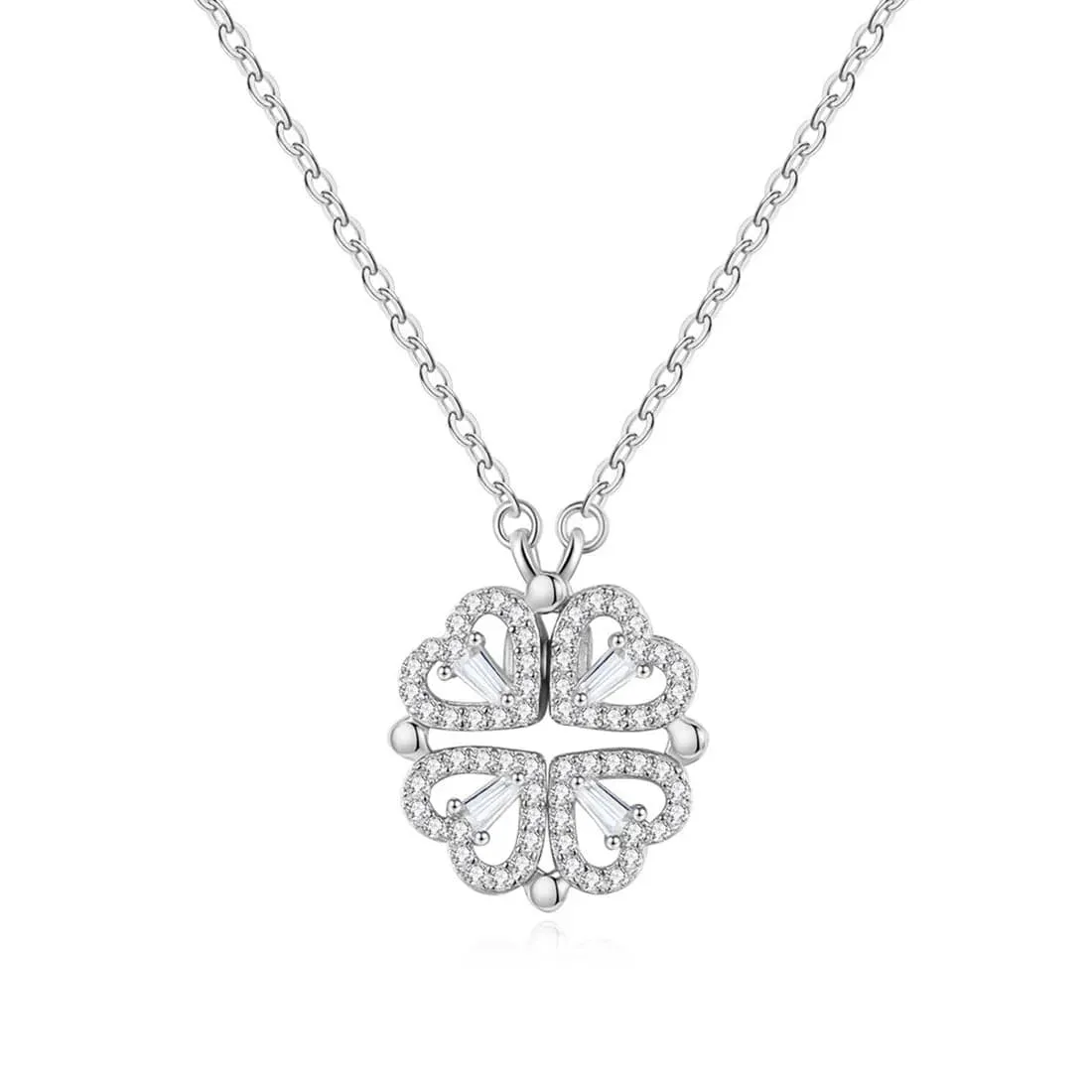 Folding Heart Shaped Four Leaf Clover Necklace