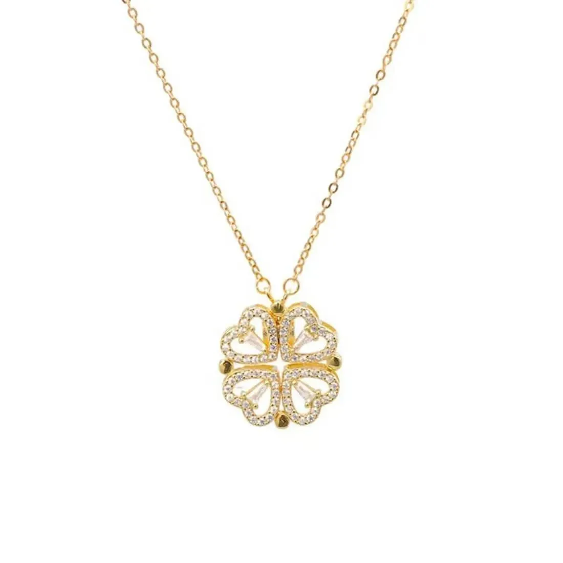 Folding Heart Shaped Four Leaf Clover Necklace