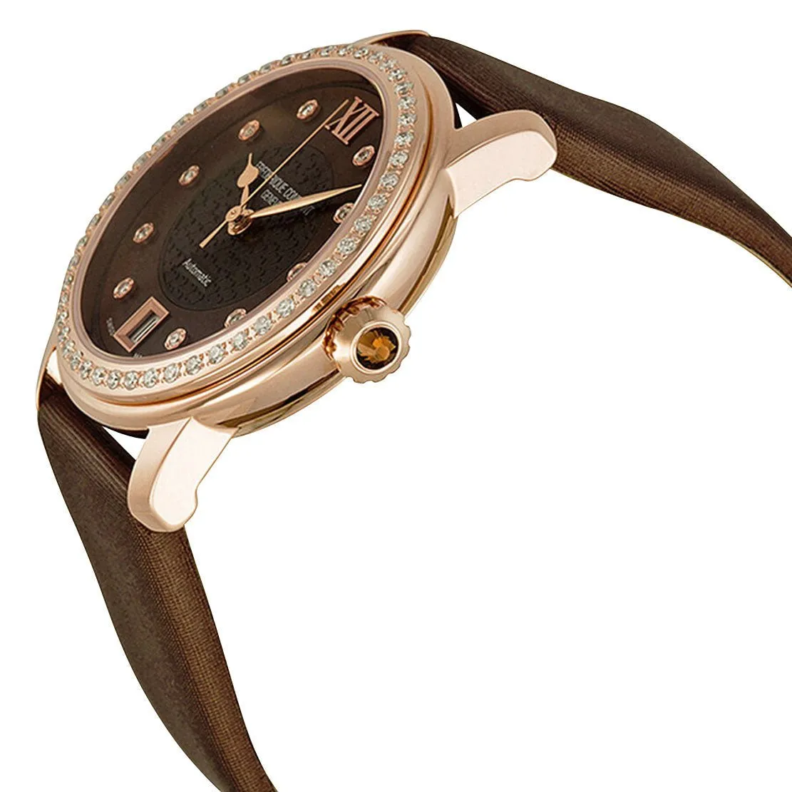 Frederique Constant Classics Automatic Diamond Rose Gold Plated Steel Brown Mother-Of-Pearl Dial Brown Satin Strap Date Womens Watch FC-303CHD2PD4