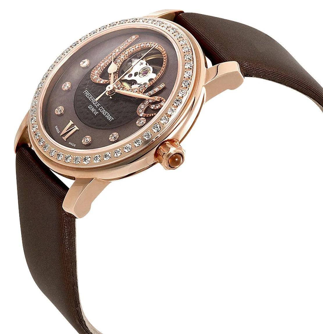 Frederique Constant Love Heart Beat Automatic Rose Gold Plated Steel Brown Dial Brown Satin Strap Diamonds Womens Watch FC-310CLHB2PD4