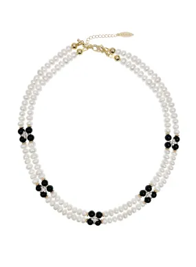 Freshwater Pearls with Black Obsidian and Zircon Stone Statement Collar Necklace LN070