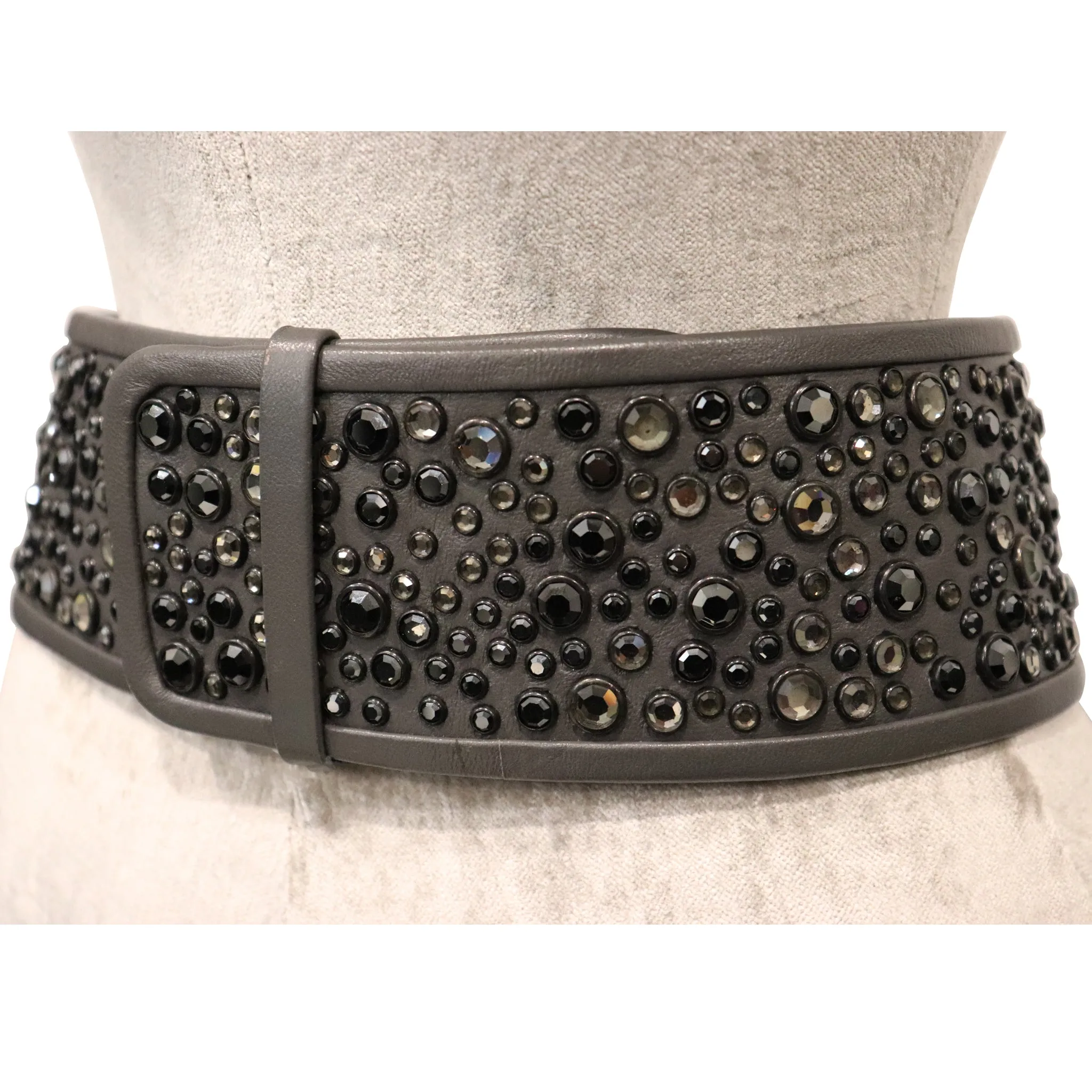 Galanos Gunmetal Rhinestone Wide Leather Belt