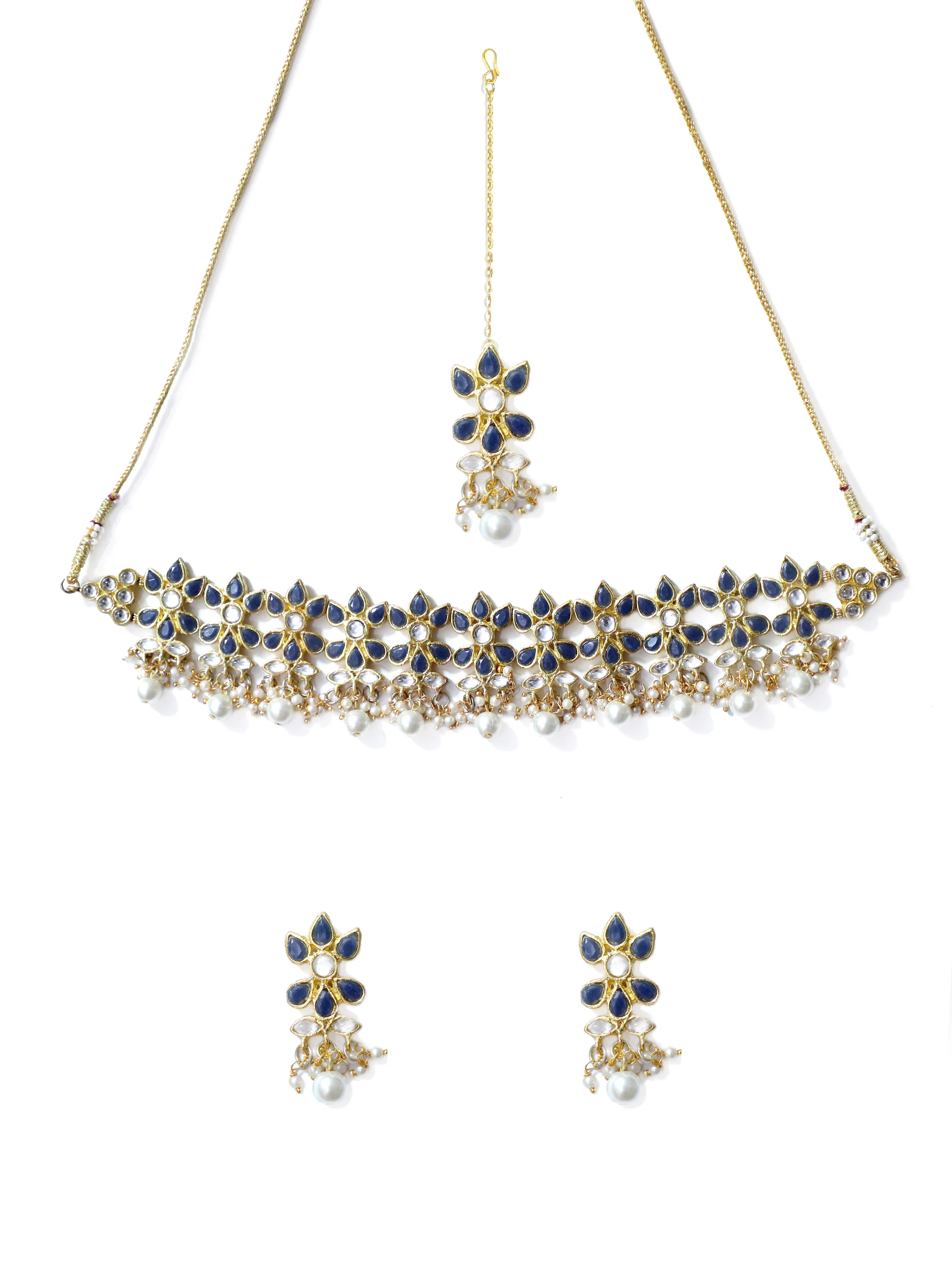 Gold Plated Navy Blue Kundan and Pearl Beads Choker Necklace Set