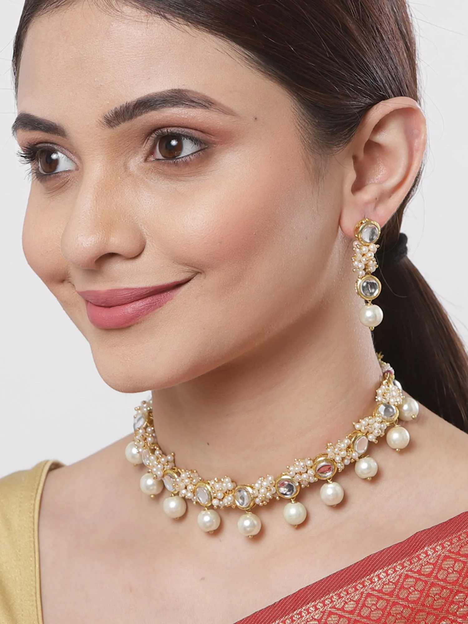 Gold-Plated Pearl Ball and Kundan Studded Handcrafted Necklace Set