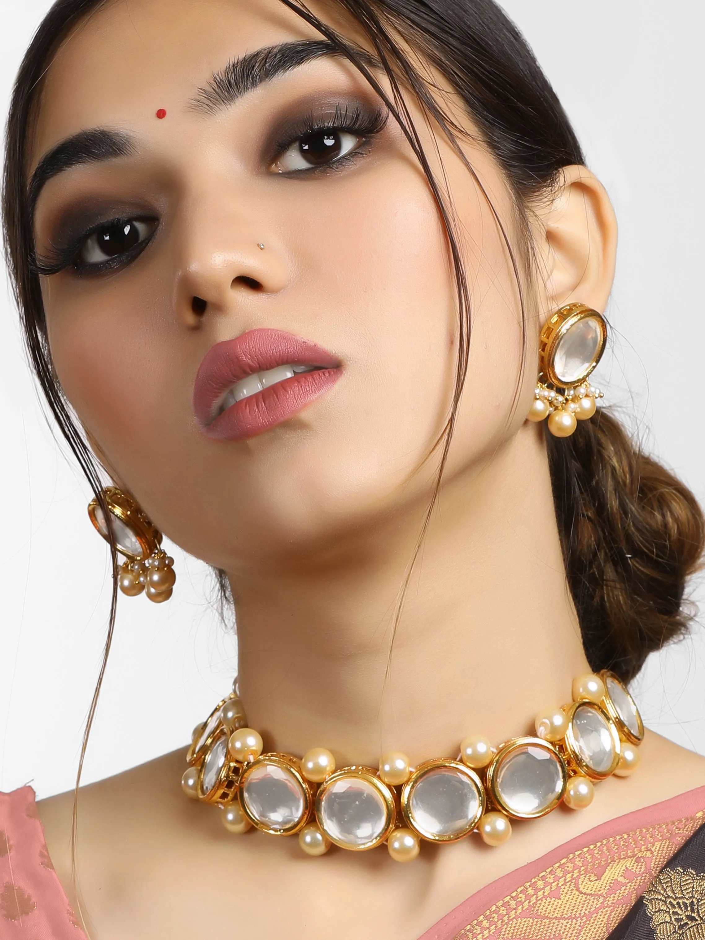 Gold Plated Pearl Beads Polki Kundan Choker Necklace Set