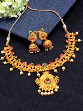 Gold-Plated Pink & Green Stone-Studded Temple Jewellery Set