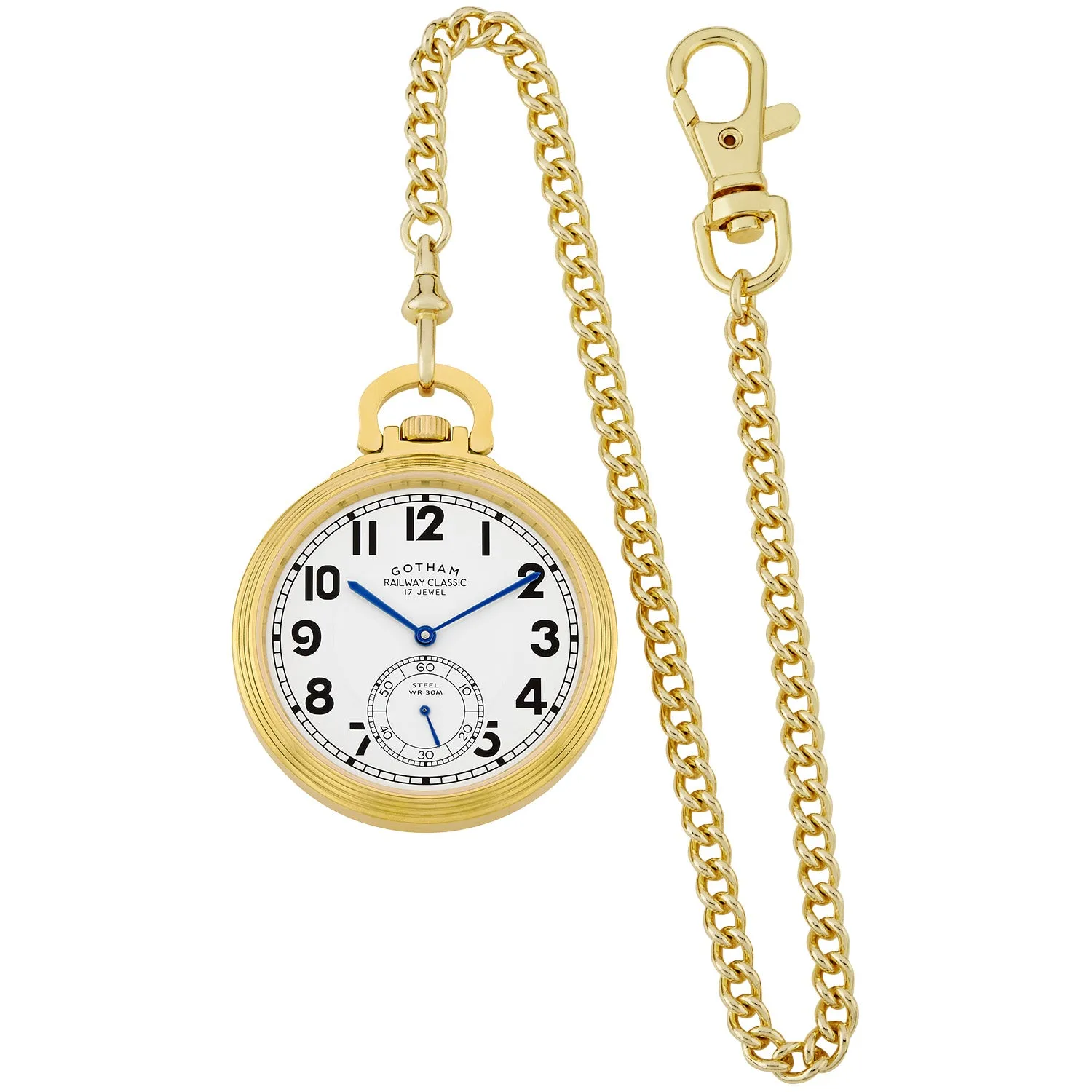 Gotham Men's Gold Plated Stainless Steel Mechanical Hand Wind Railway Classic Nostalgia Series Pocket Watch # GWC14114G