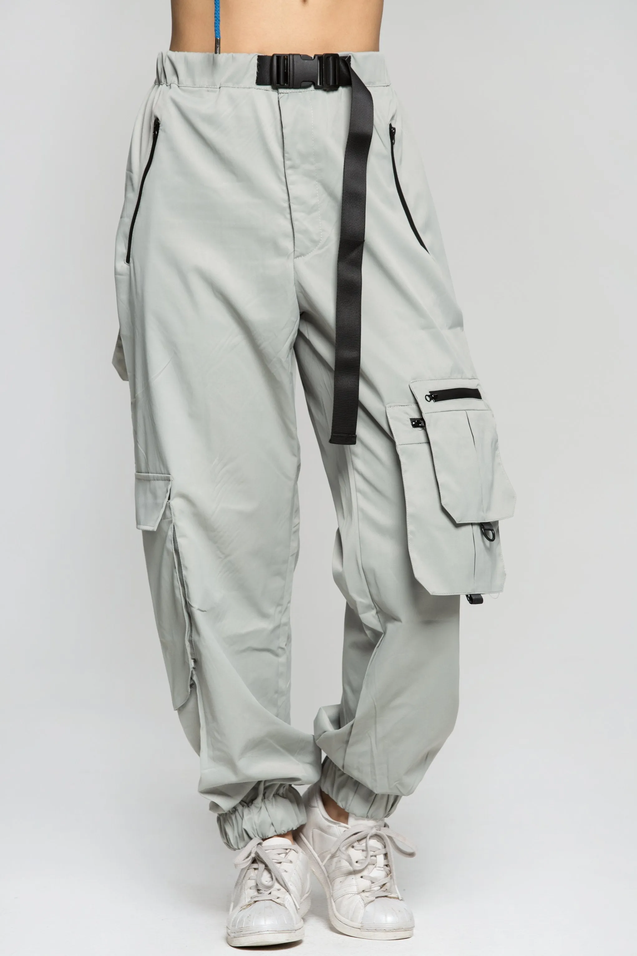 Grey Cargo Pants With Black Buckle Belt