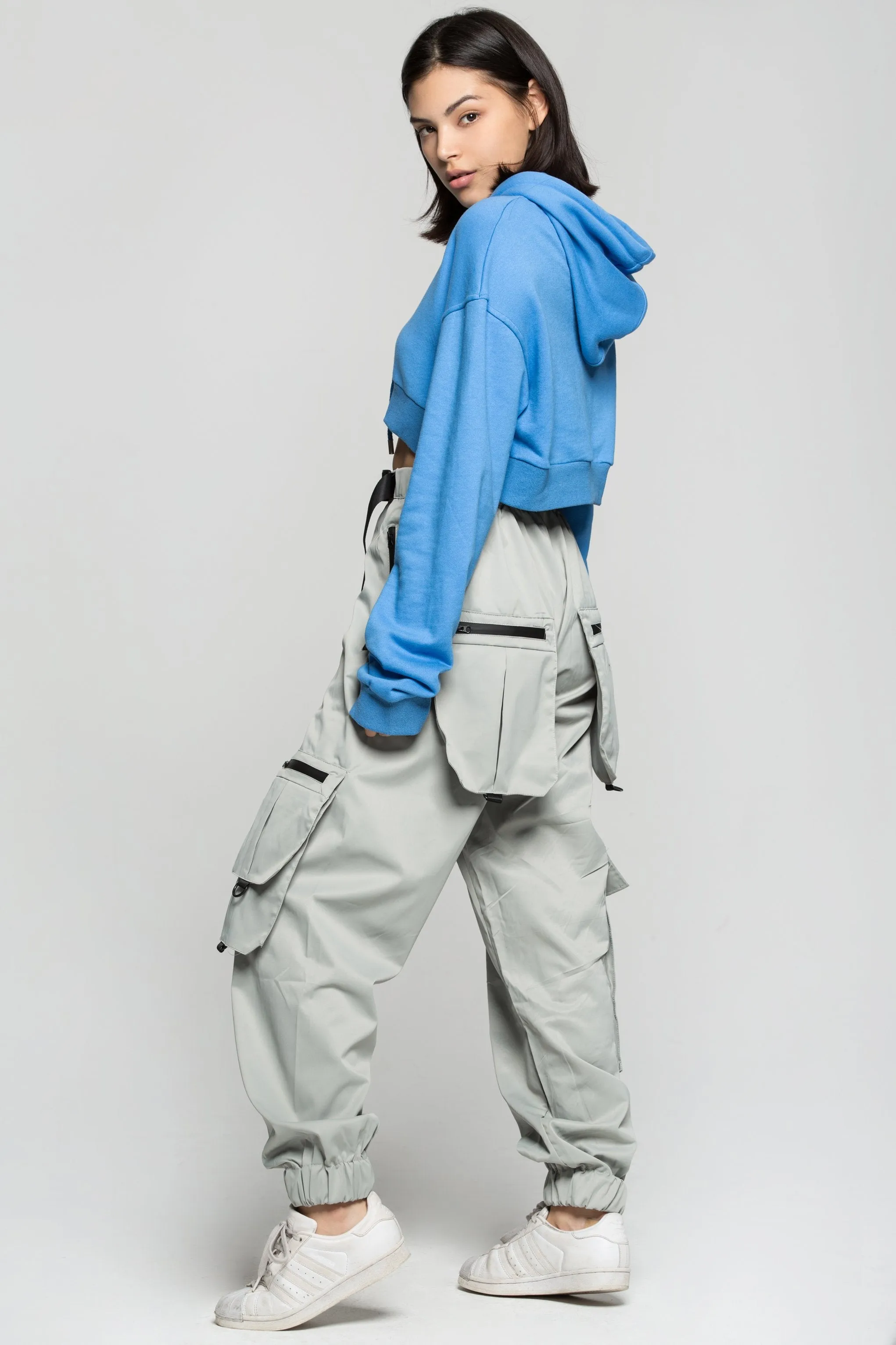 Grey Cargo Pants With Black Buckle Belt