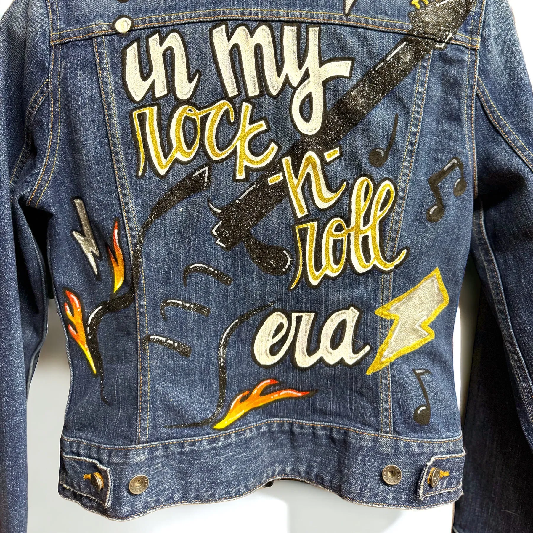 Hand Painted Jean Jacket: “In My Rock-n-Roll Era”  - Eras Tour, Mardi Gras, Jazz Feat, New Orleans, Music Concert, Festival, Parade Outfit