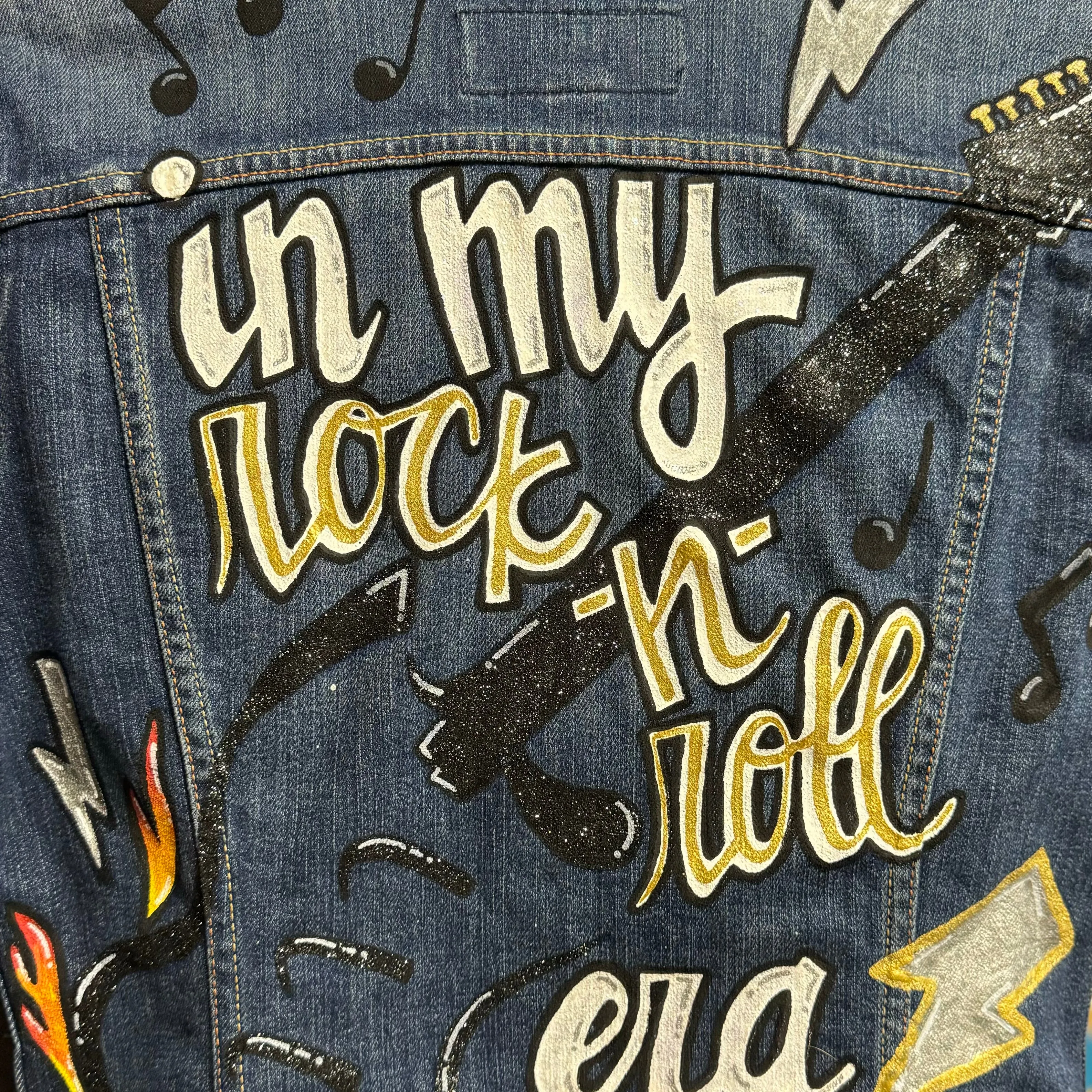 Hand Painted Jean Jacket: “In My Rock-n-Roll Era”  - Eras Tour, Mardi Gras, Jazz Feat, New Orleans, Music Concert, Festival, Parade Outfit