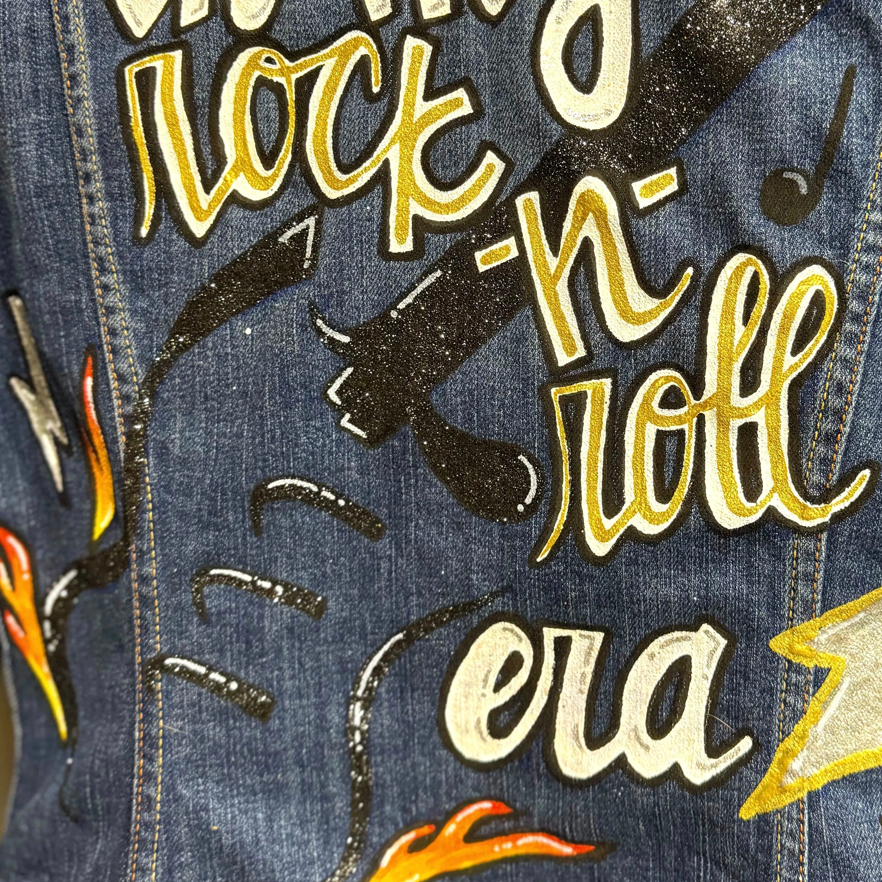 Hand Painted Jean Jacket: “In My Rock-n-Roll Era”  - Eras Tour, Mardi Gras, Jazz Feat, New Orleans, Music Concert, Festival, Parade Outfit